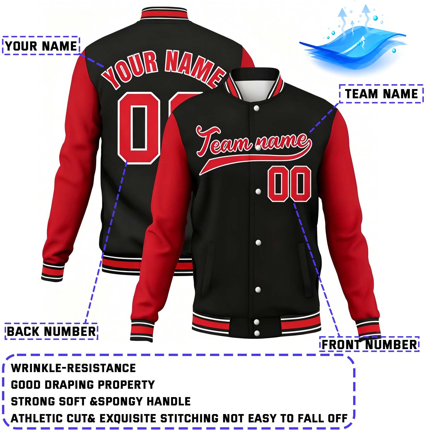 Custom Black & Red Contrast Sleeve Varsity Baseball Jacket | Personalized Team Name & Number