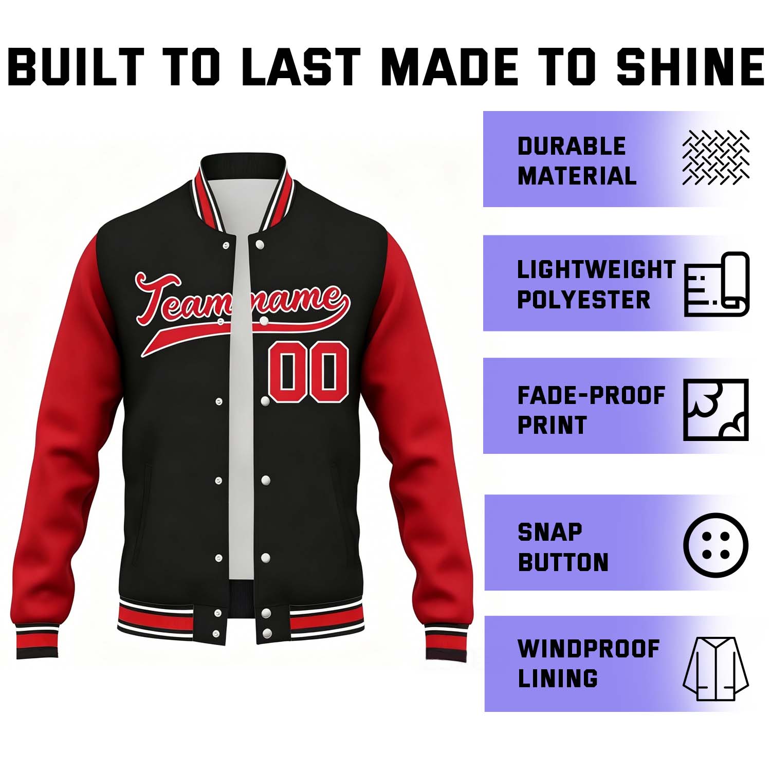 Custom Black & Red Contrast Sleeve Varsity Baseball Jacket | Personalized Team Name & Number