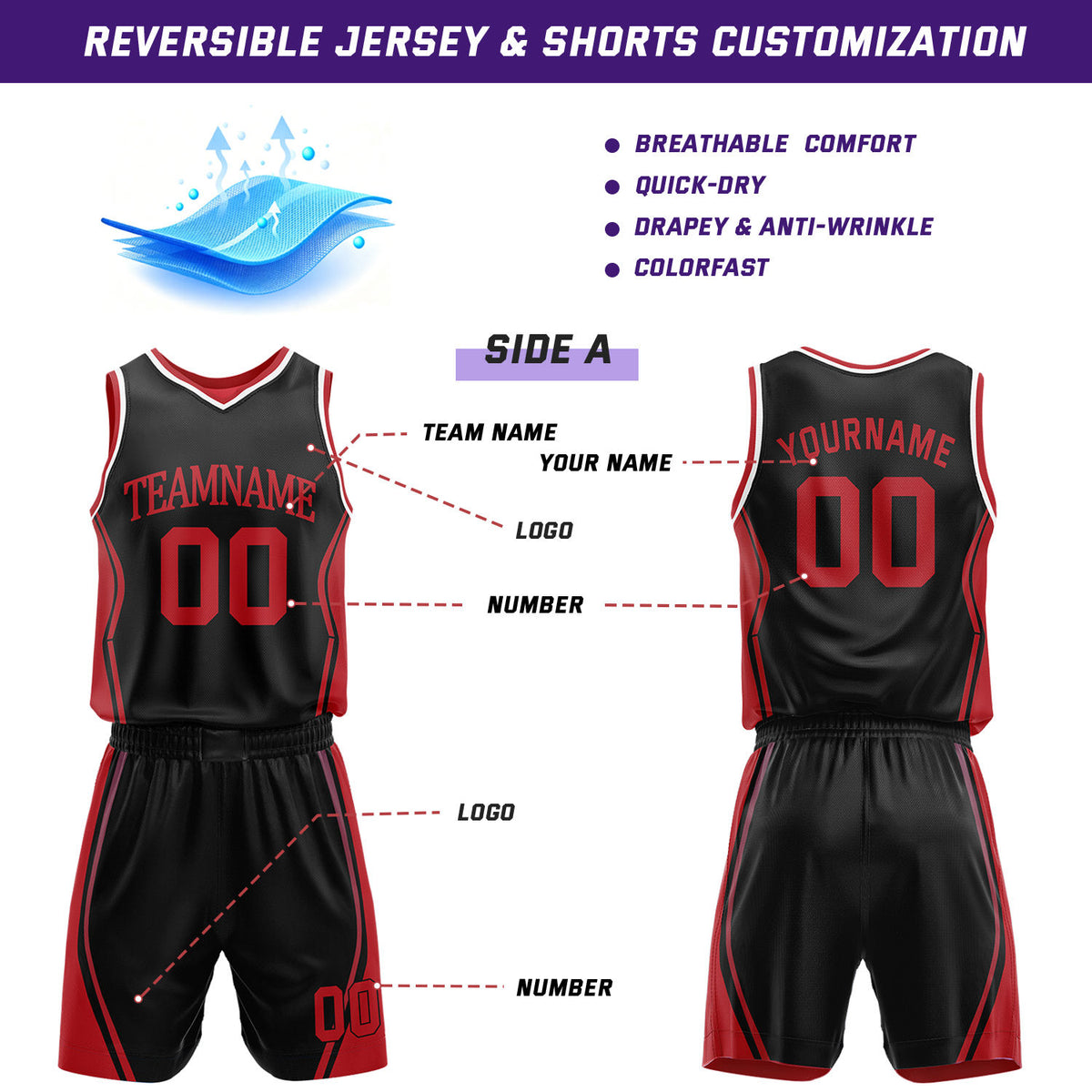 Custom Black & Red Reversible Geometric Basketball Jersey Shorts Set | Personalized Team Uniform