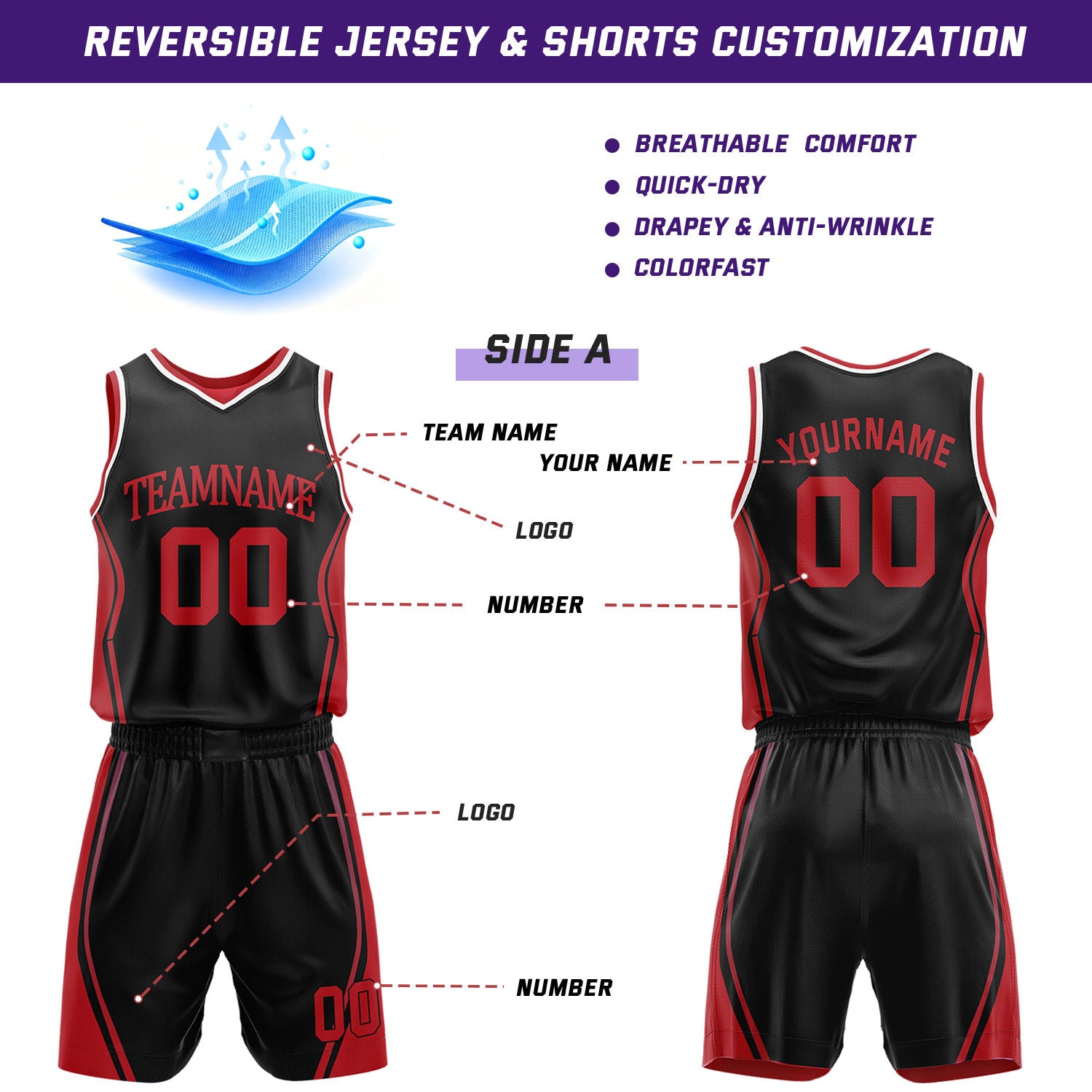 Custom Black & Red Reversible Geometric Basketball Jersey Shorts Set | Personalized Team Uniform