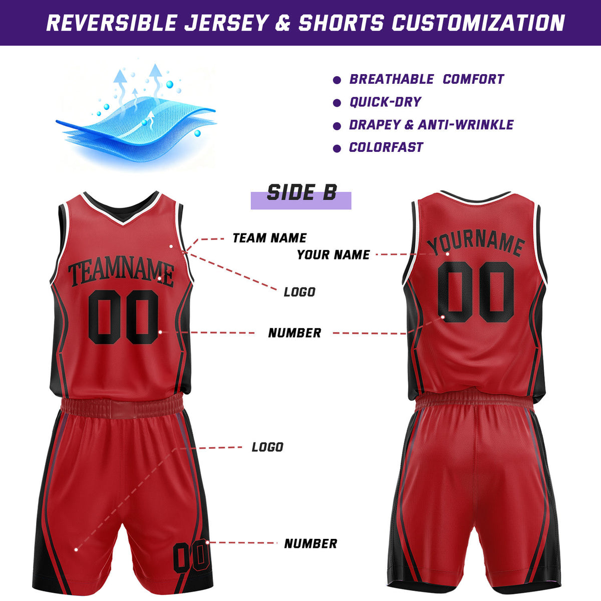 Custom Black & Red Reversible Geometric Basketball Jersey Shorts Set | Personalized Team Uniform