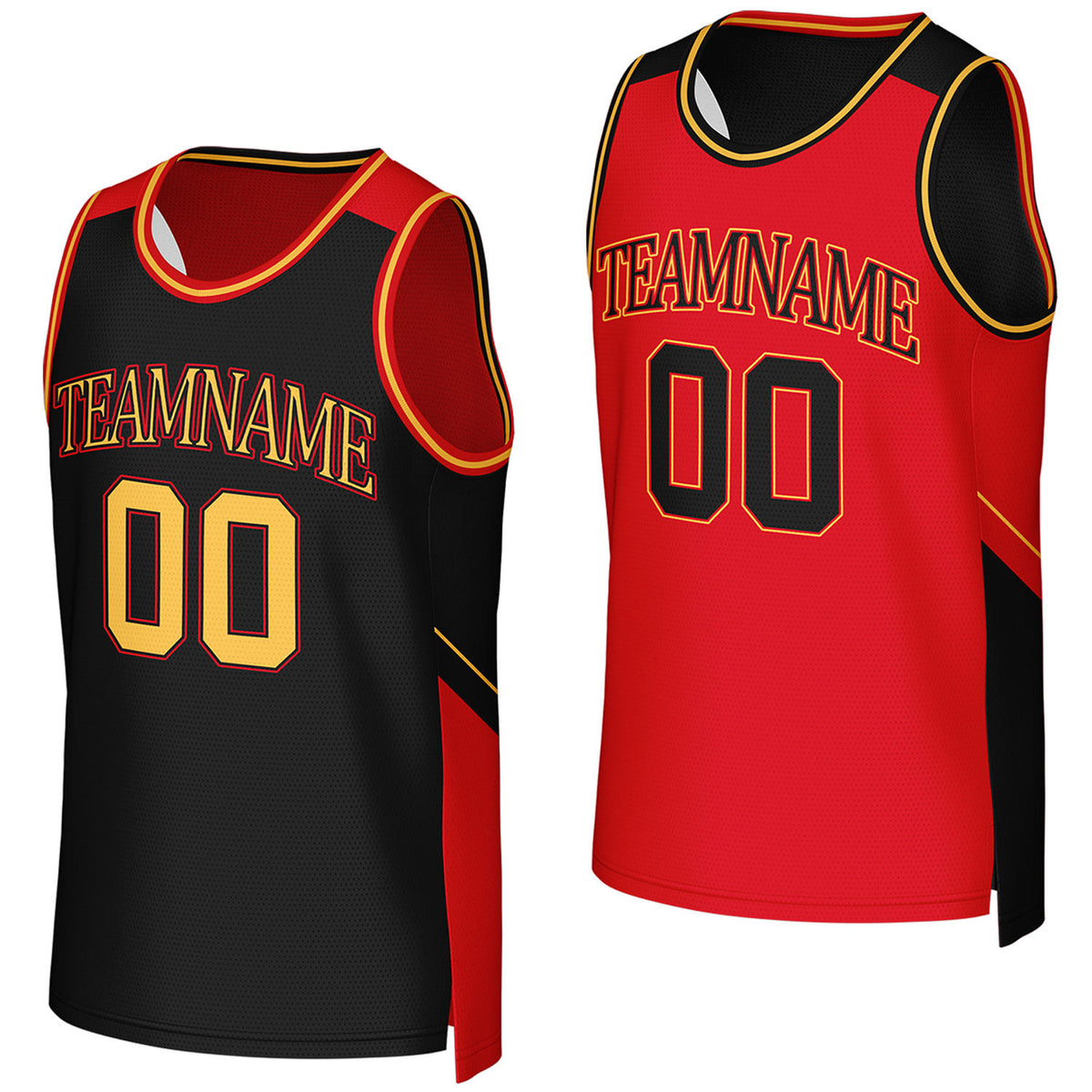 Custom black & red reversible basketball jersey by Vosoli. Personalized with team name, player name, number, and logo on both sides. Breathable mesh 2-in-1 jersey for high school, college, AAU teams.