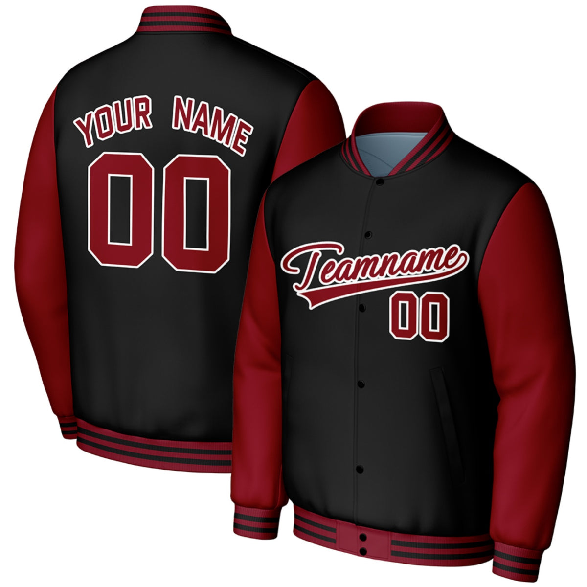 custom black red high school team jackets by Vosoli, personalized stitched name, number &amp; logo, classic button up varsity letterman jacket for high school baseball team and casual wear