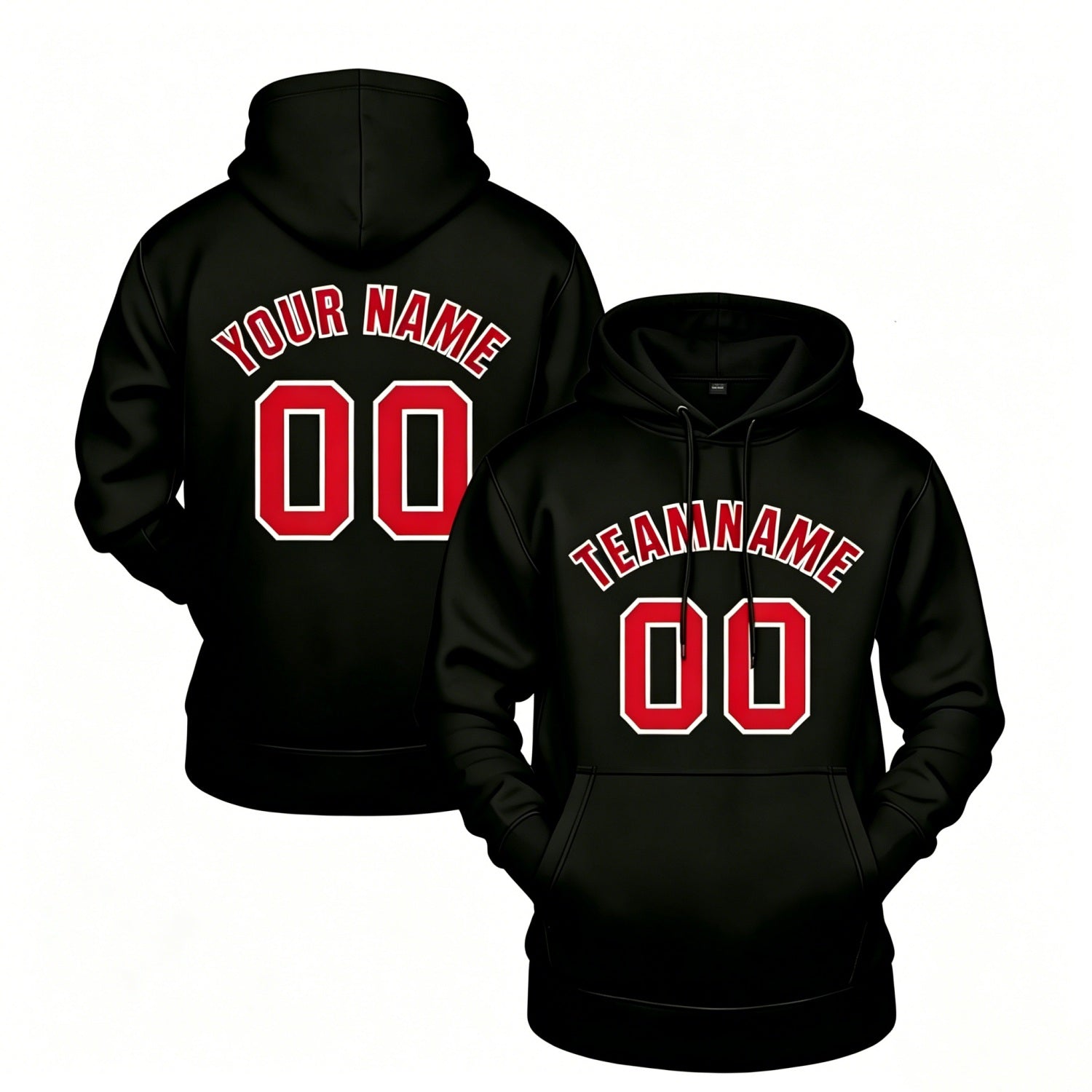 Custom black hoodie with red print, personalized name & number pullover, casual sports hoodie for men women youth fan wear - Vosoli