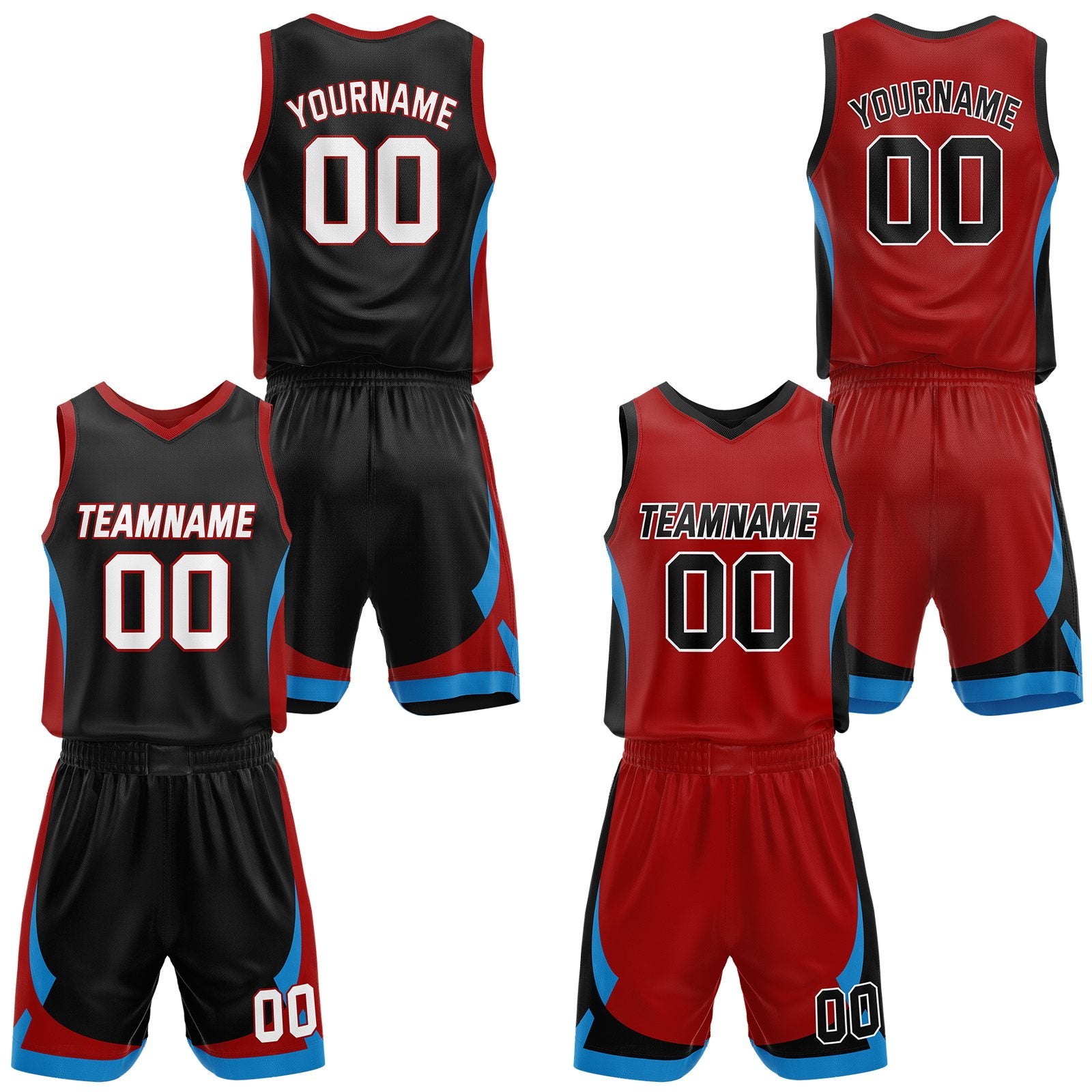 Custom black & red reversible basketball jersey set with shorts by Vosoli | Personalized team name, number & logo | Breathable mesh sport jersey uniform