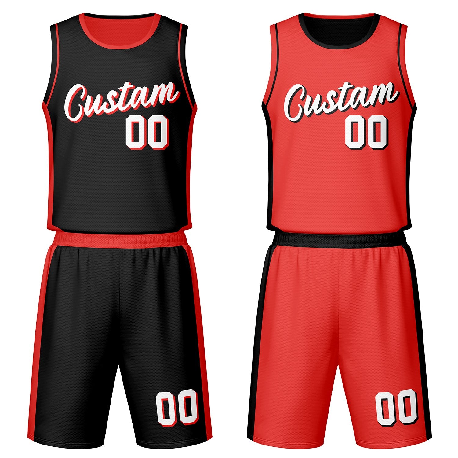 Custom black & red reversible basketball jersey set with shorts by Vosoli | Personalized team name, number & logo | Breathable mesh sport jersey uniform