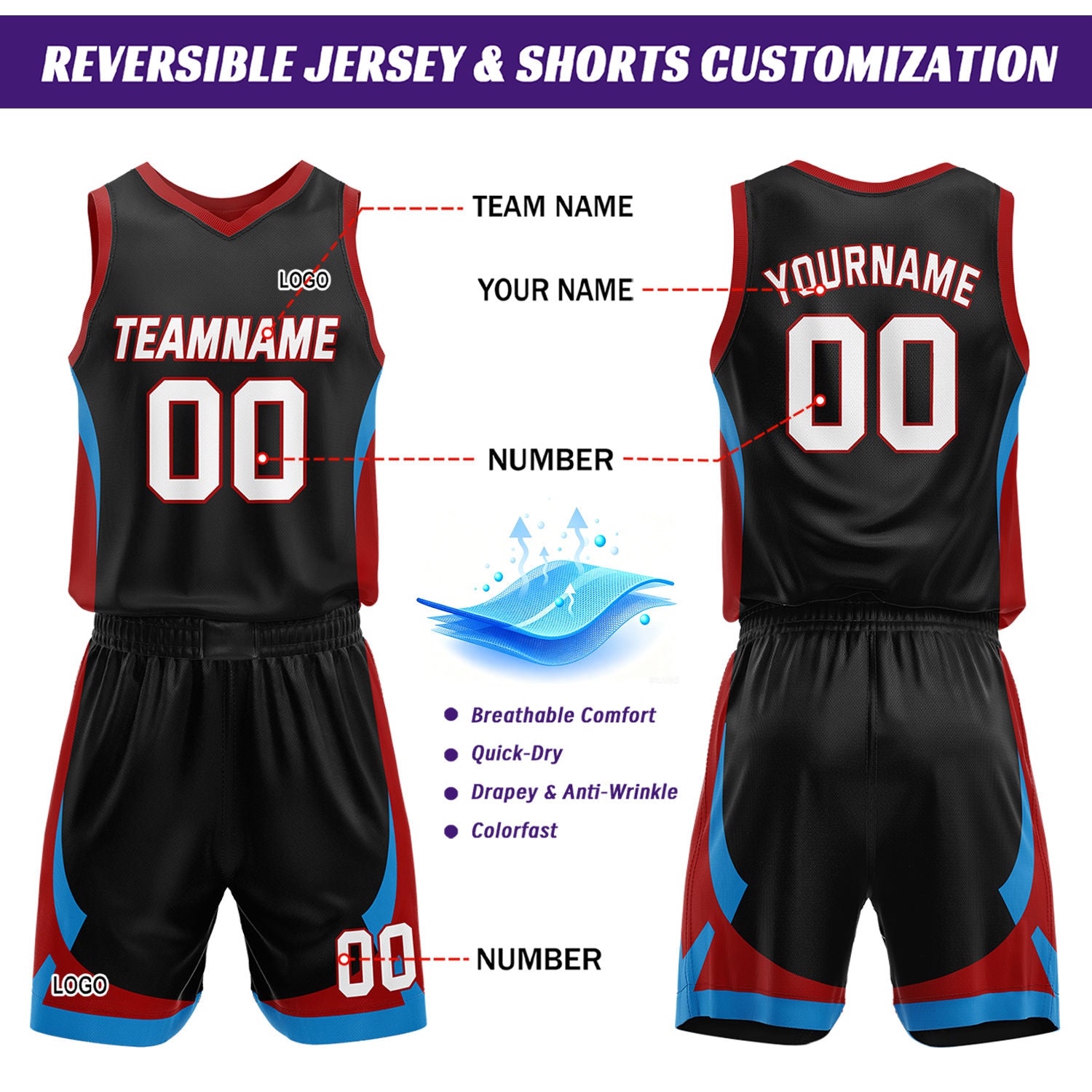 Custom Black Red Reversible Basketball Jersey Set | Personalized Name Number Mesh Sports Uniform
