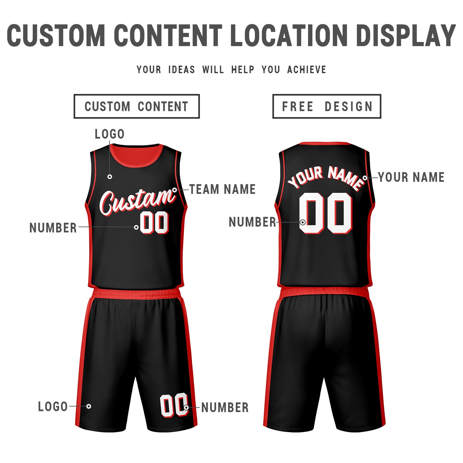 Custom Black Red Reversible Basketball Jersey Set | Personalized Name Number Mesh Sports Uniform