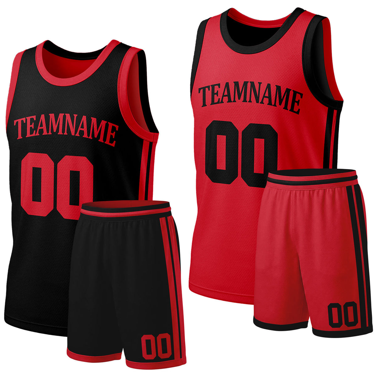 Custom black &amp; red reversible basketball jersey shorts set by Vosoli | Personalized team name &amp; number full team uniform sportswear