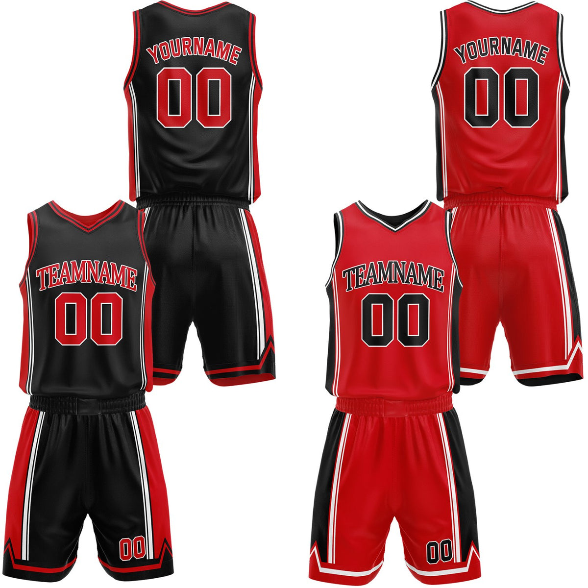 Custom black &amp; red reversible basketball jersey shorts set by Vosoli | Personalized team name number casual vintage uniform sportswear