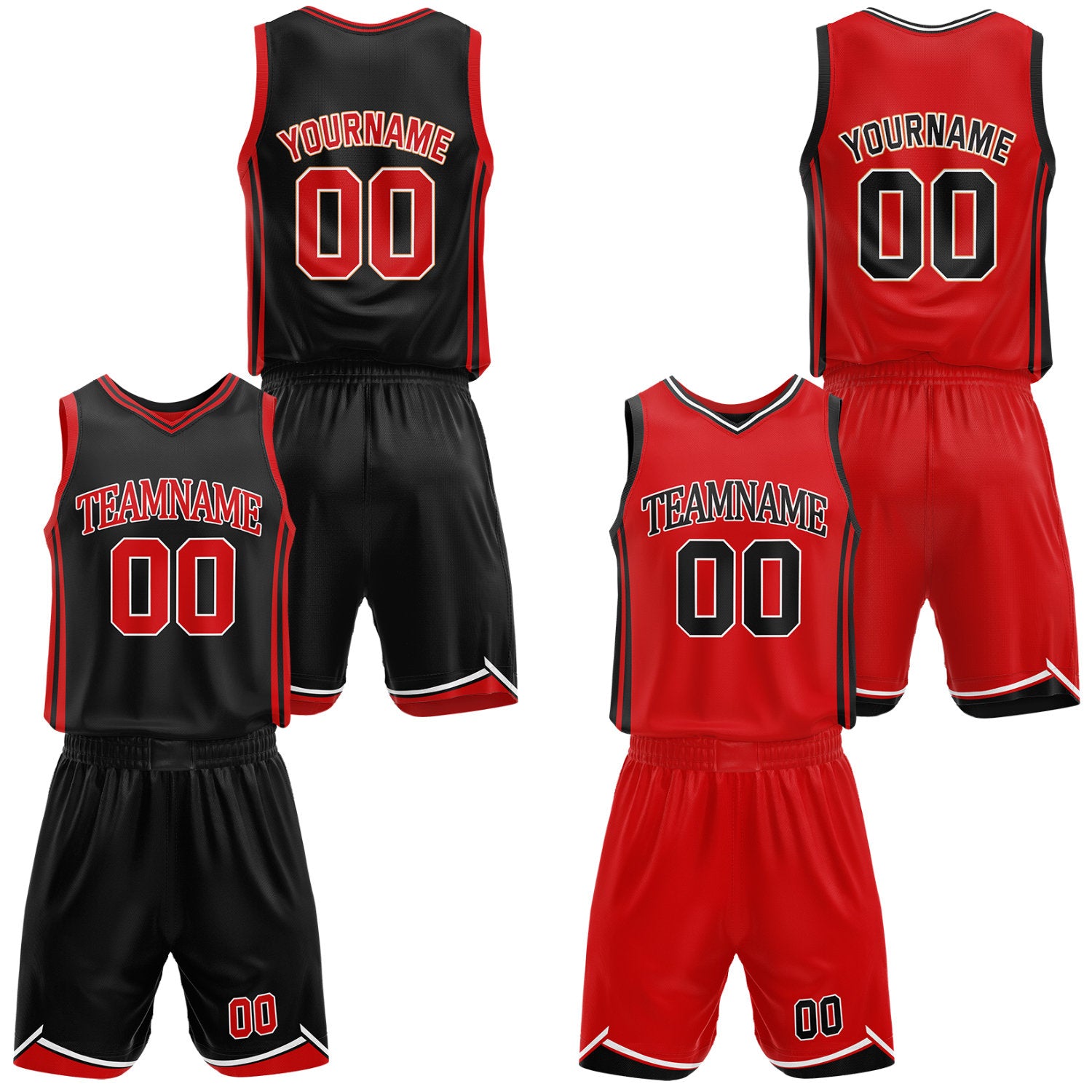 Custom black & red reversible basketball jersey shorts set by Vosoli | Personalized team name number casual vintage uniform sportswear