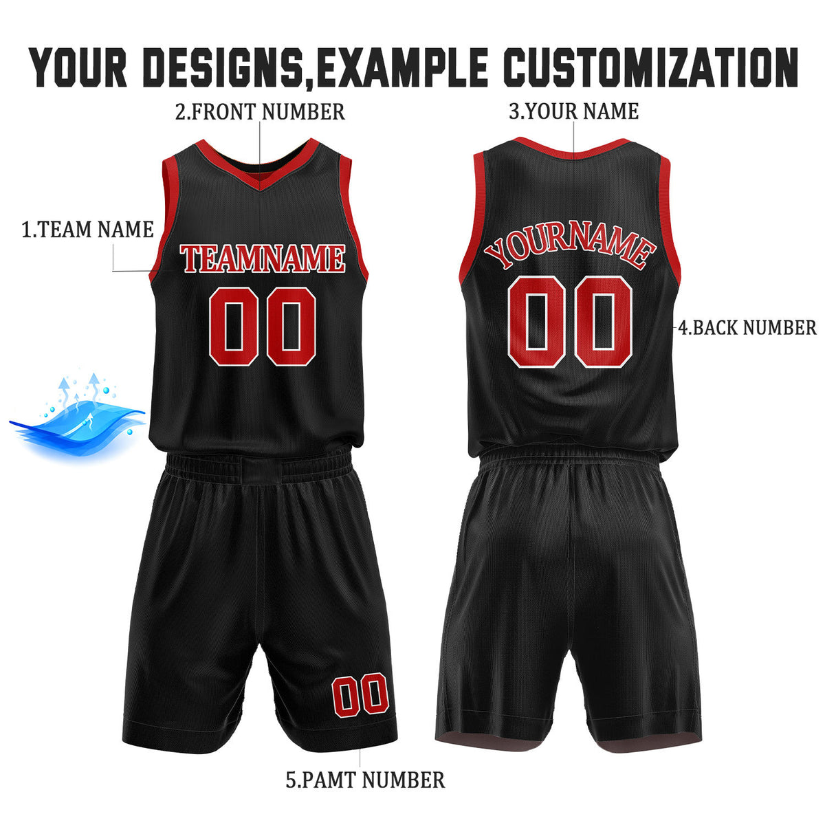 Custom Black & Red Reversible Basketball Jersey Shorts Set | Personalized Full Team Uniform