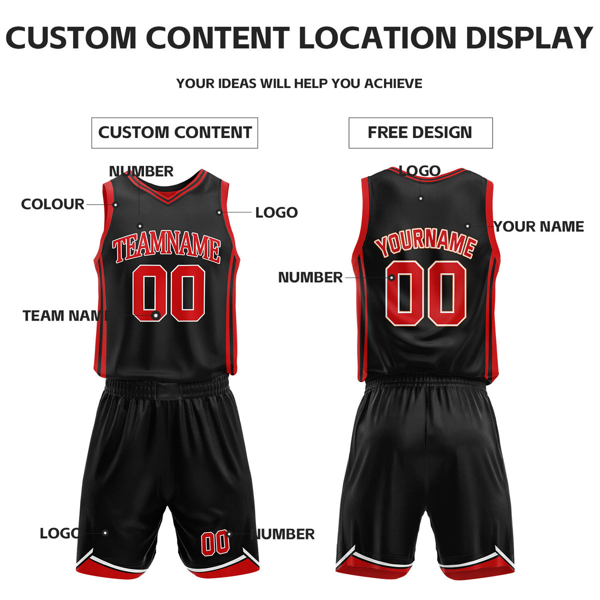 Custom Black & Red Reversible Basketball Jersey Shorts Set | Personalized Full Vintage Team Uniform