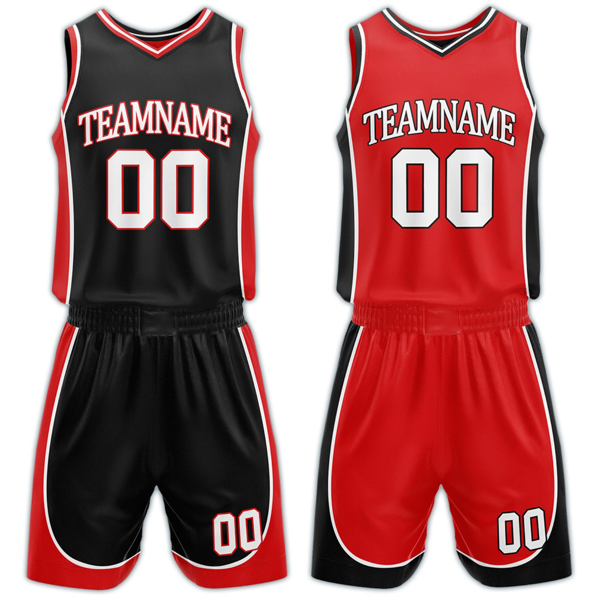 Custom black and red reversible basketball uniform by Vosoli. Personalized with team name, number, and logo. Breathable mesh jersey and shorts for high school, college, AAU teams.