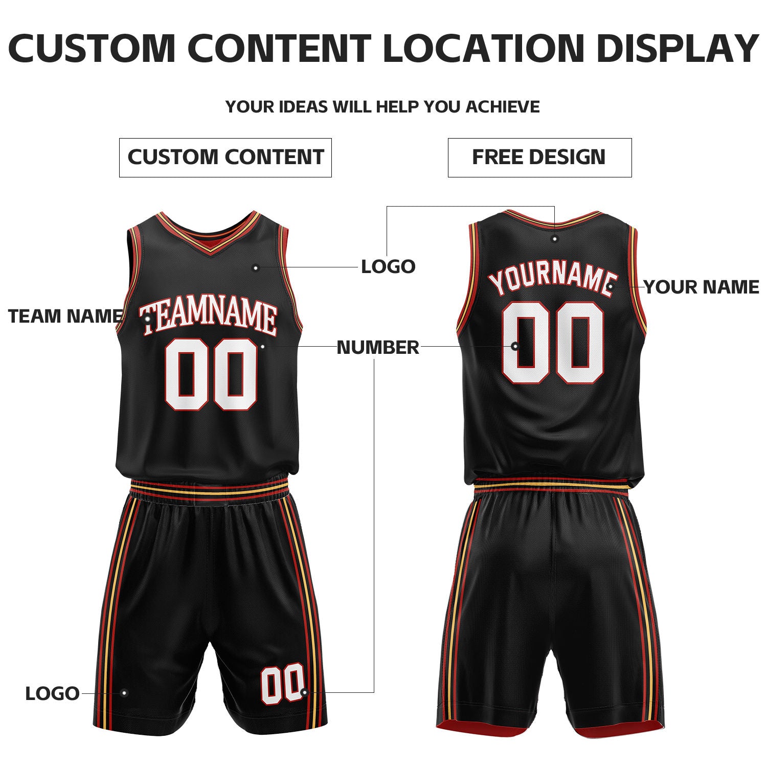 Custom Black & Red Reversible Basketball Uniform Set | Personalized Name Number Sports Jersey Shorts Kit