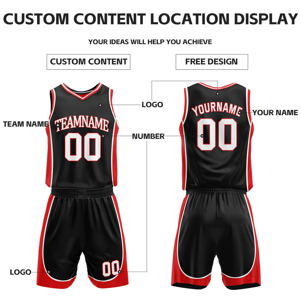 Custom Black & Red Reversible Basketball Uniform Set | Personalized Name Number Sports Jersey Shorts Kit