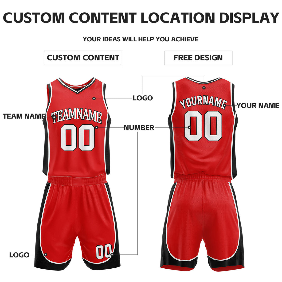 Custom Black & Red Reversible Basketball Uniform Set | Personalized Name Number Sports Jersey Shorts Kit