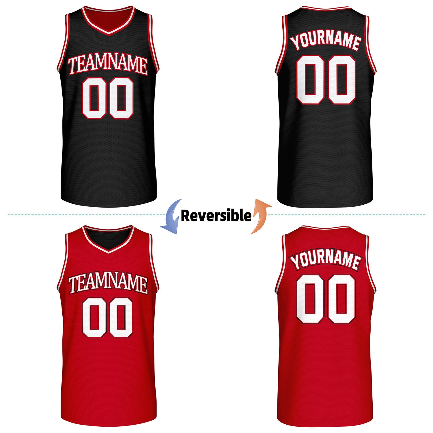 Custom reversible retro black & red basketball jersey, personalized team name & number, 2-in-1 sleeveless uniform for men women youth adult game practice - Vosoli