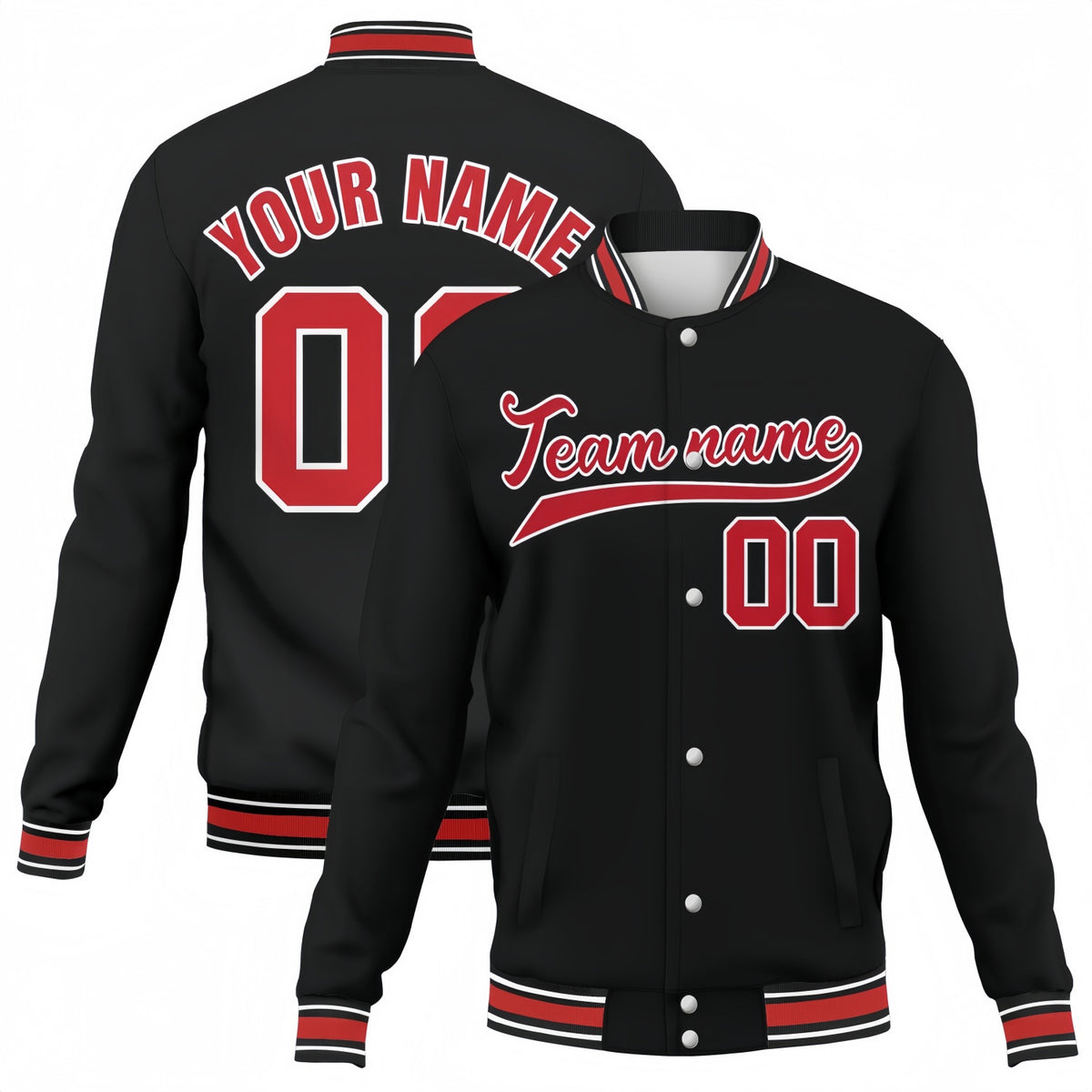 Custom black-red stitched varsity baseball jacket by Vosoli | Personalized team name &amp; number button-front jacket for youth &amp; adults