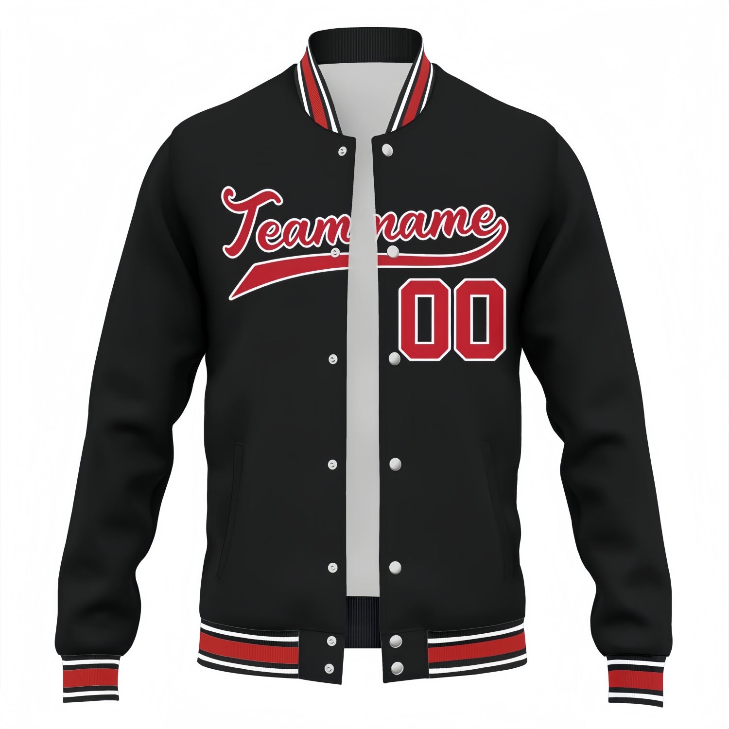 Custom Black & Red Varsity Baseball Jacket | Personalized Team Name & Number