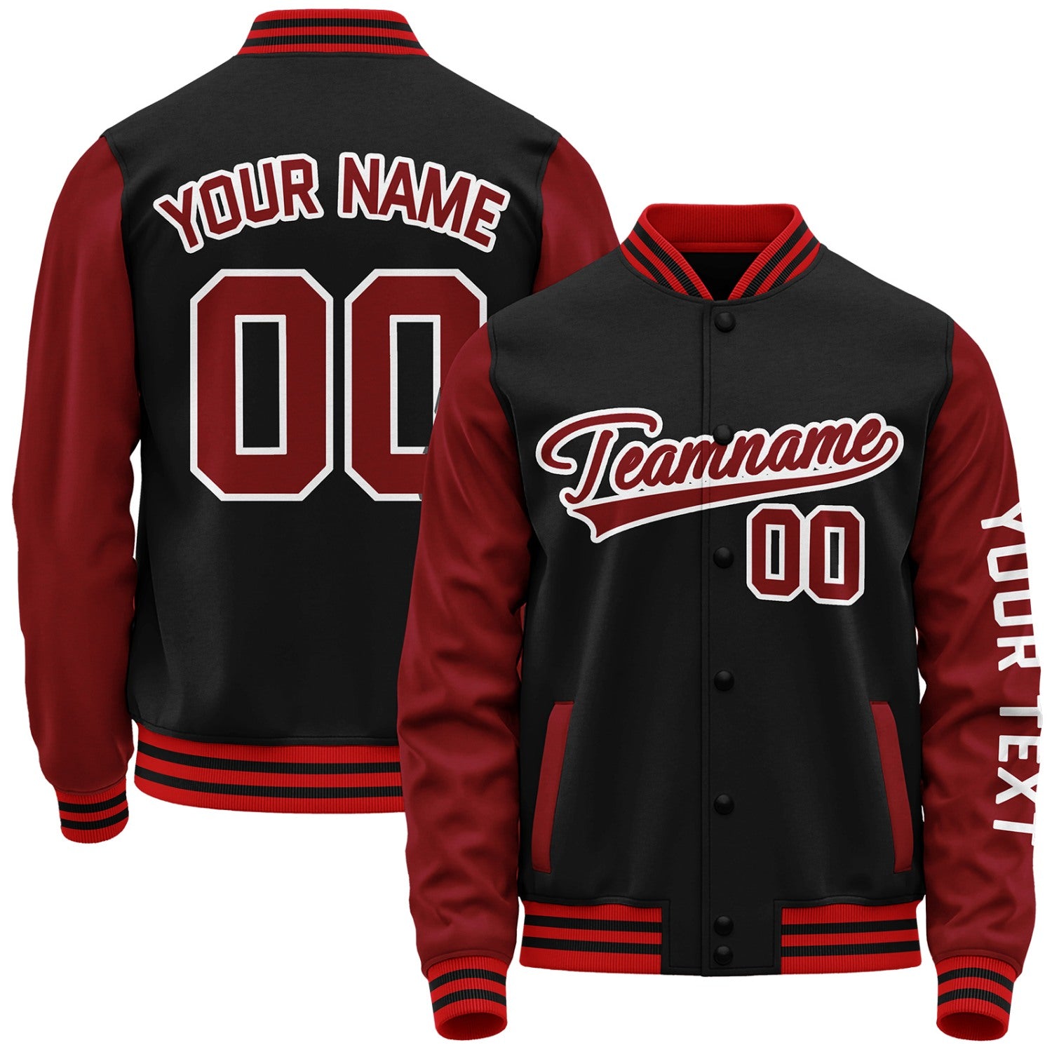 Custom black and red team jackets by Vosoli with stitched name, number and logo. Classic varsity jacket for baseball and casual wear.