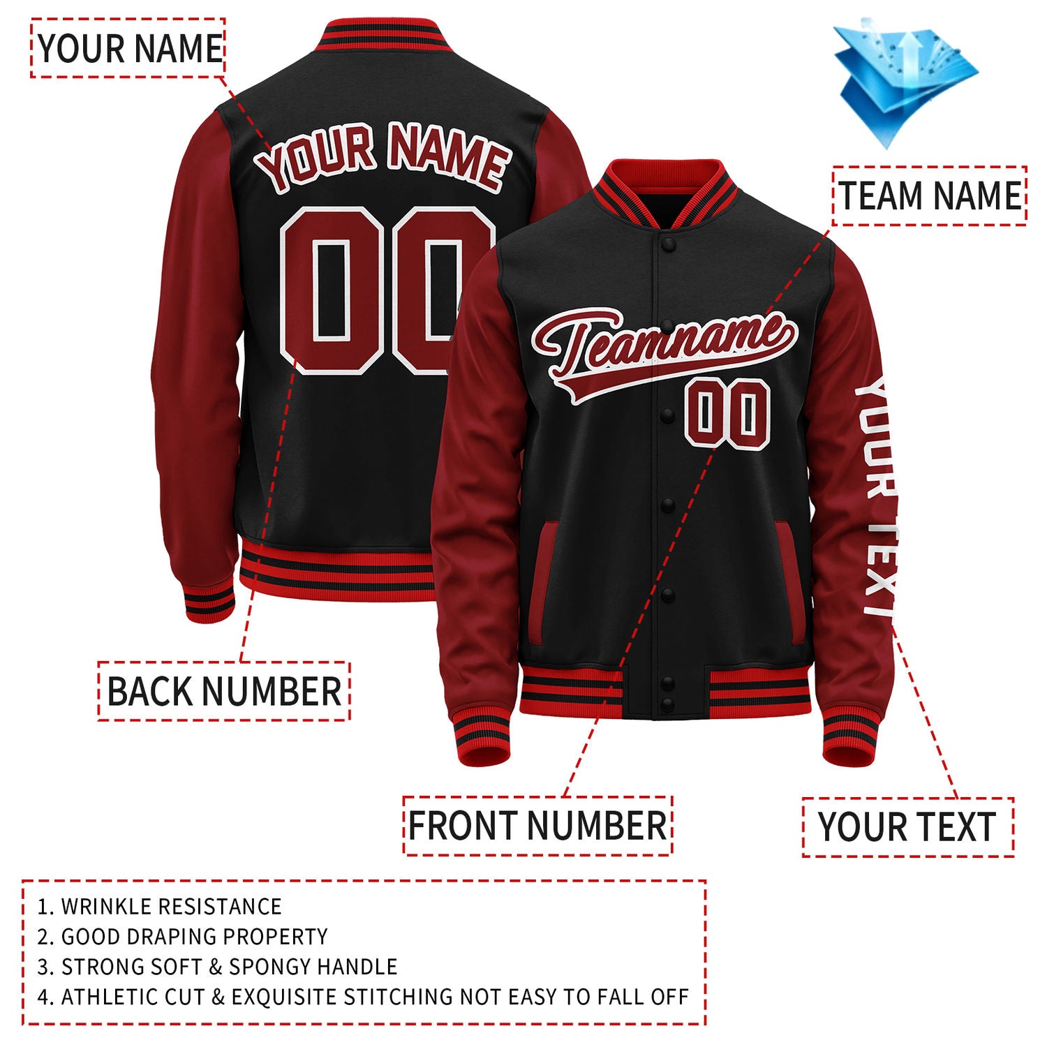 Custom Black Red Jacket Personalized Team Name Number Letterman Bomber for Adult & Youth