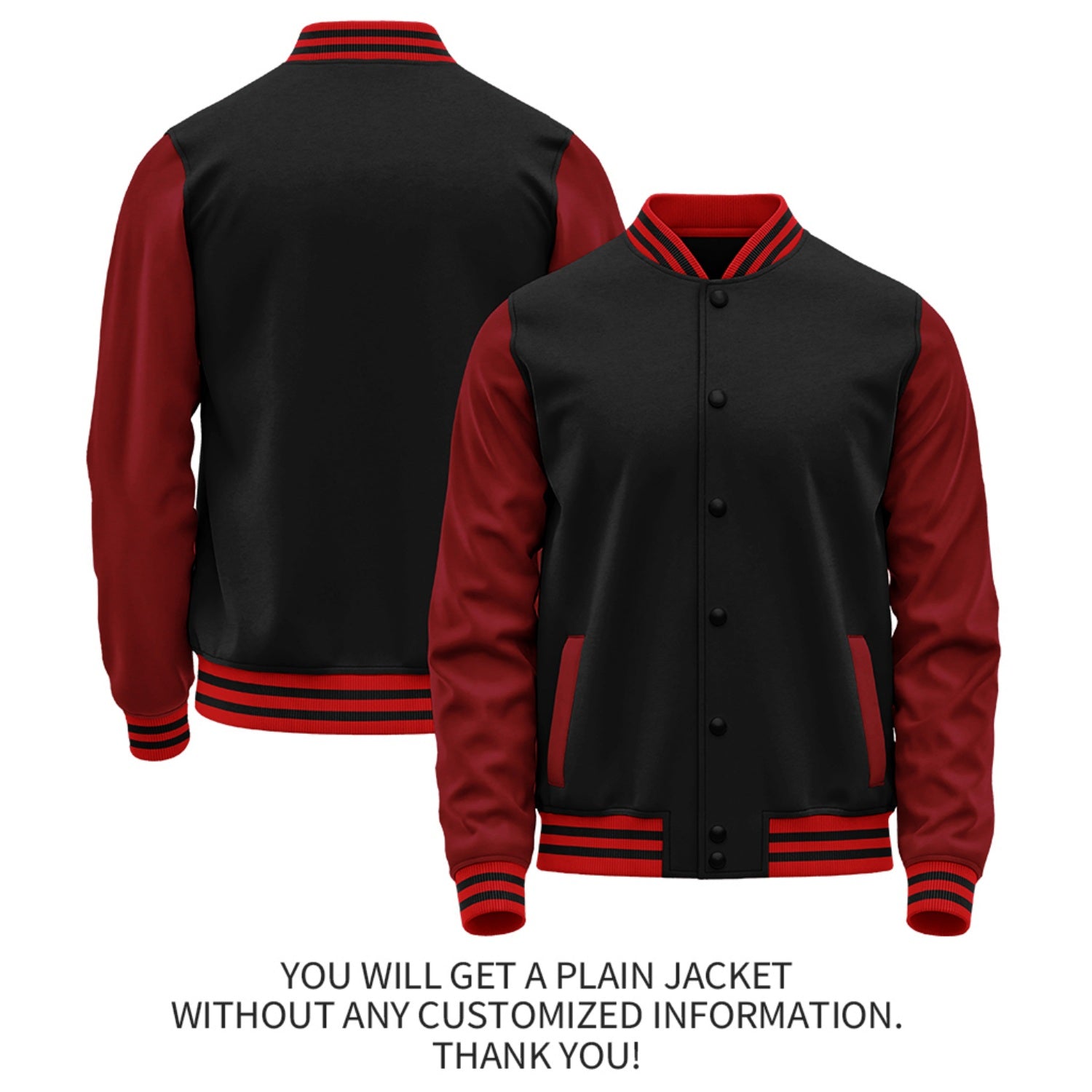 Custom Black Red Jacket Personalized Team Name Number Letterman Bomber for Adult & Youth