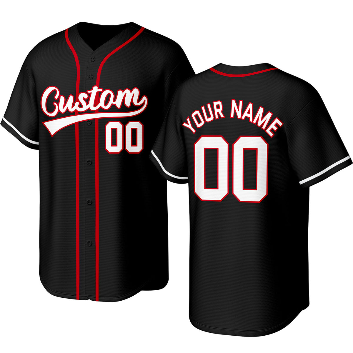 Custom black, red &amp; white baseball jersey with stitched logo, personalized name &amp; number, button-front short-sleeve sports uniform for team men women youth game practice - Vosoli
