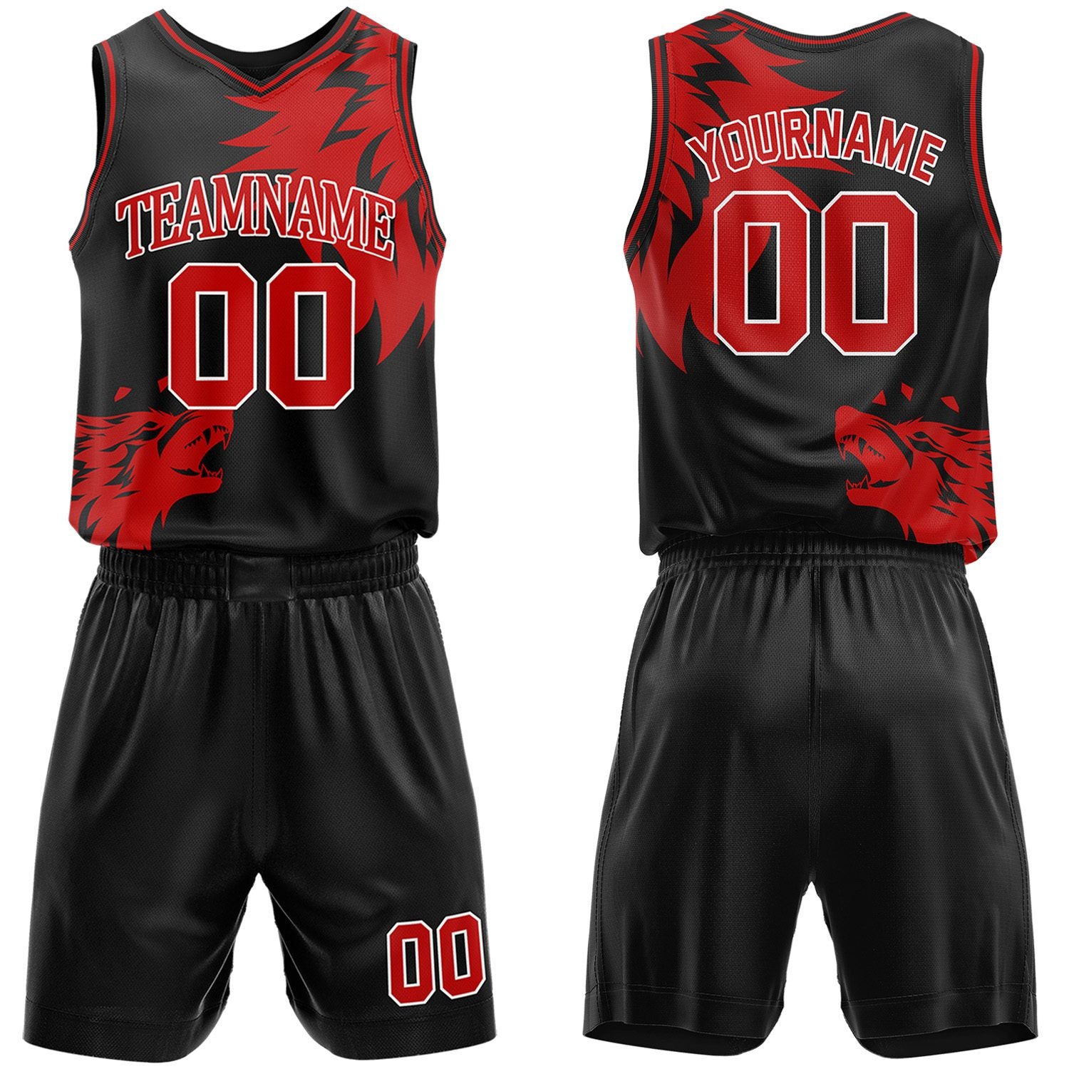 Custom black & red wolf theme basketball jersey & shorts set by Vosoli | Personalized team name & number sportswear