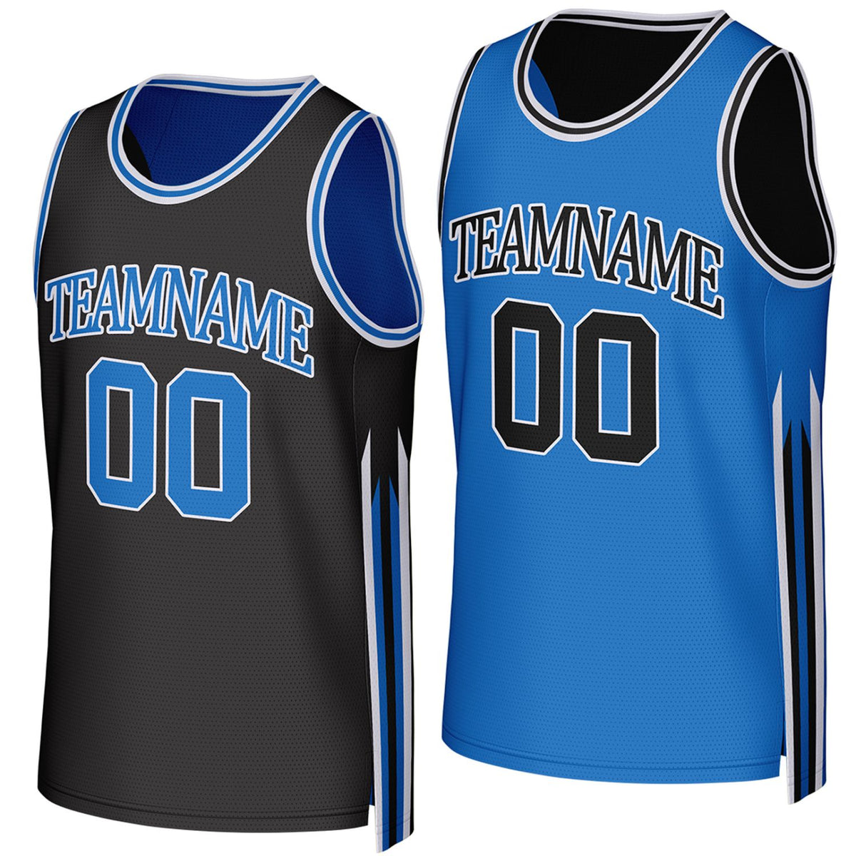 Custom black & royal blue reversible basketball jersey by Vosoli. Personalized with team name, player name, number, and logo on both sides. Breathable mesh 2-in-1 jersey for high school, college, AAU teams.