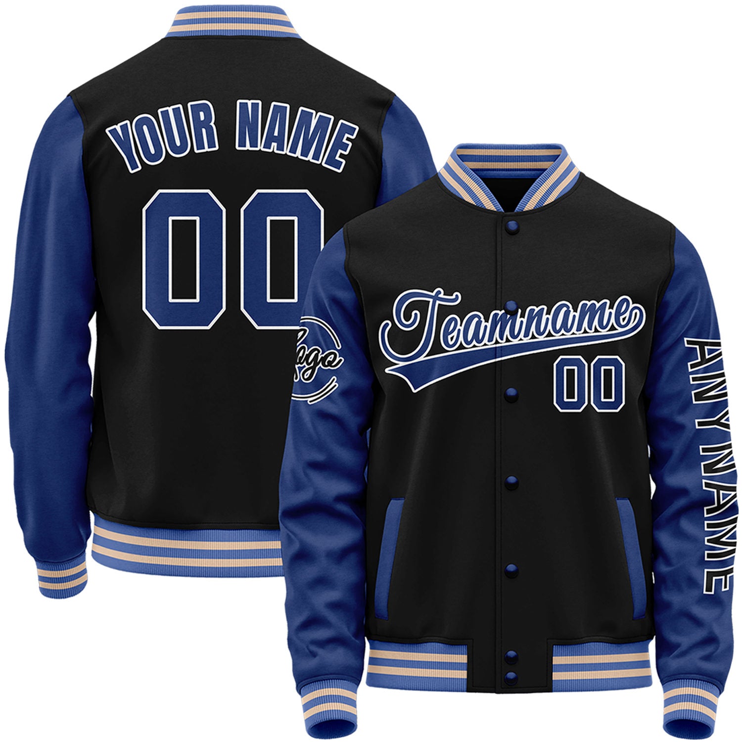 Custom black and royal blue sports jackets by Vosoli with stitched name, number and logo. Classic varsity jacket for baseball and casual wear.