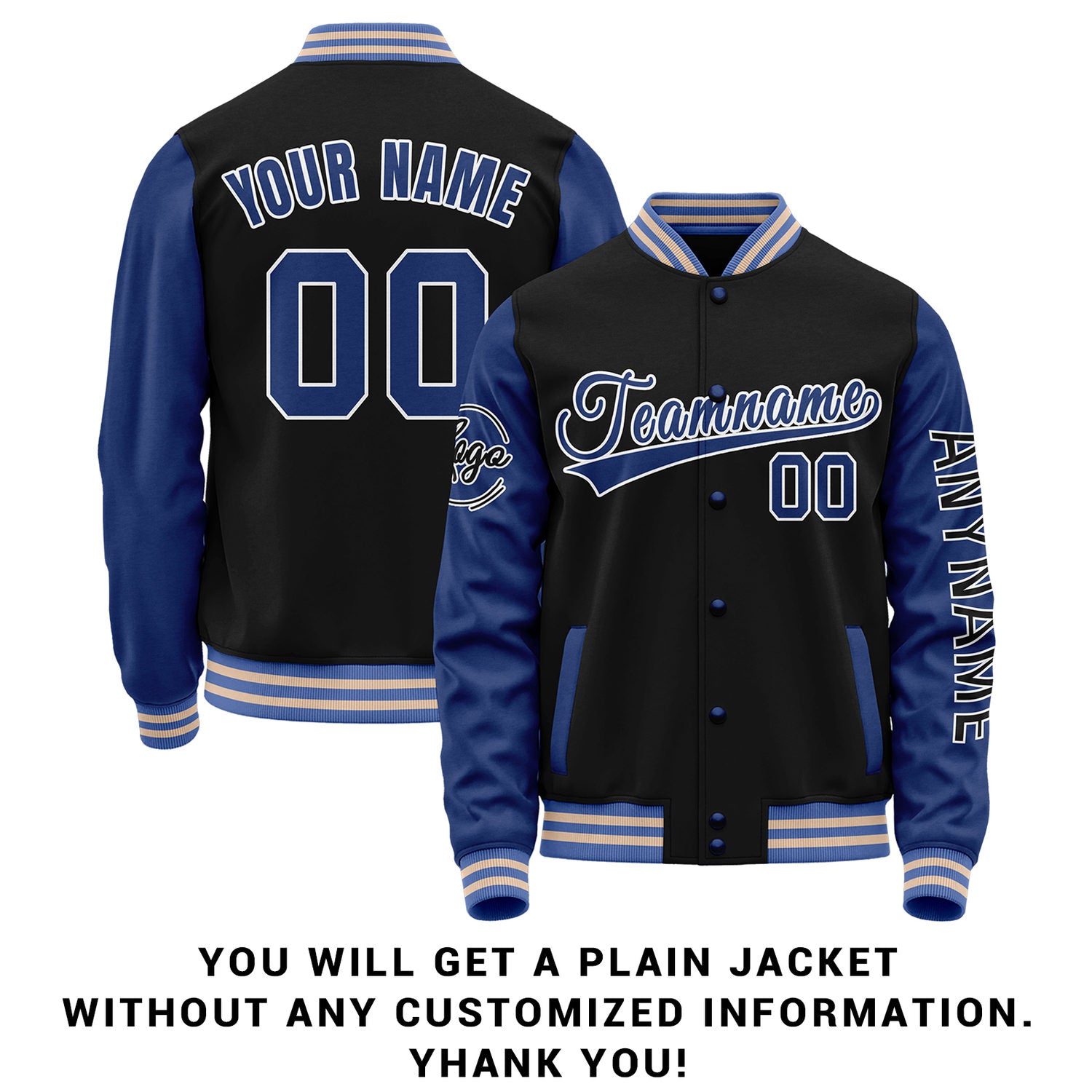 Custom Black & Royal Blue Two Tone Varsity Letterman Jacket | Personalized Stitched Team Name Number Outerwear