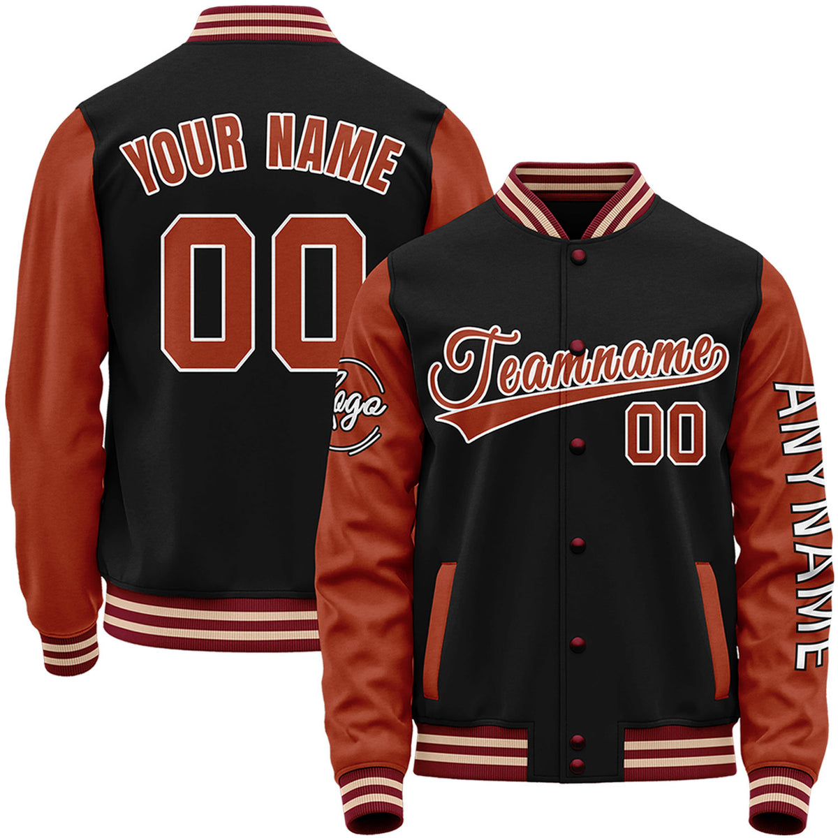 Custom black and rust red made baseball jackets by Vosoli with stitched name, number and logo. Classic varsity jacket for baseball and casual wear.