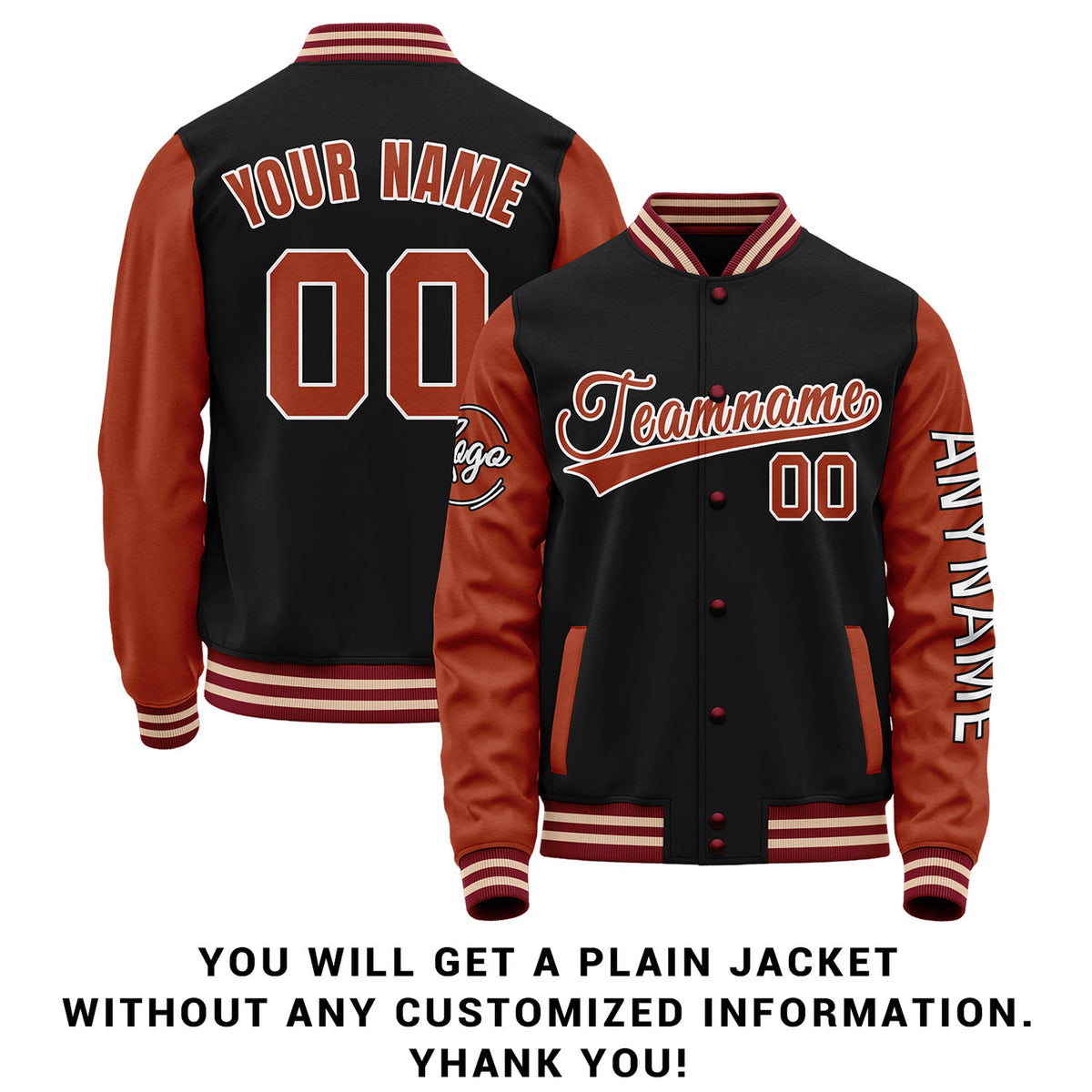 Custom Black & Rust Red Two Tone Varsity Letterman Jacket | Personalized Stitched Team Name Number Outerwear