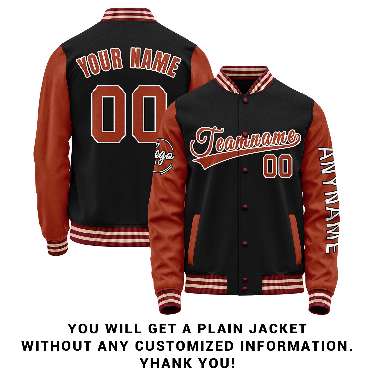 Custom Black & Rust Red Two Tone Varsity Letterman Jacket | Personalized Stitched Team Name Number Outerwear