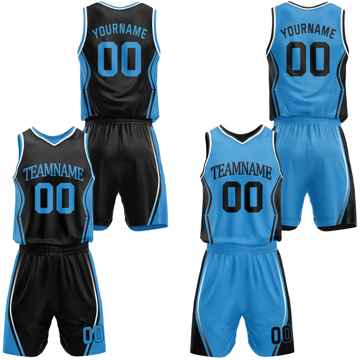 Custom black & sky blue reversible basketball jersey shorts set by Vosoli | Personalized block team name number geometric uniform sportswear