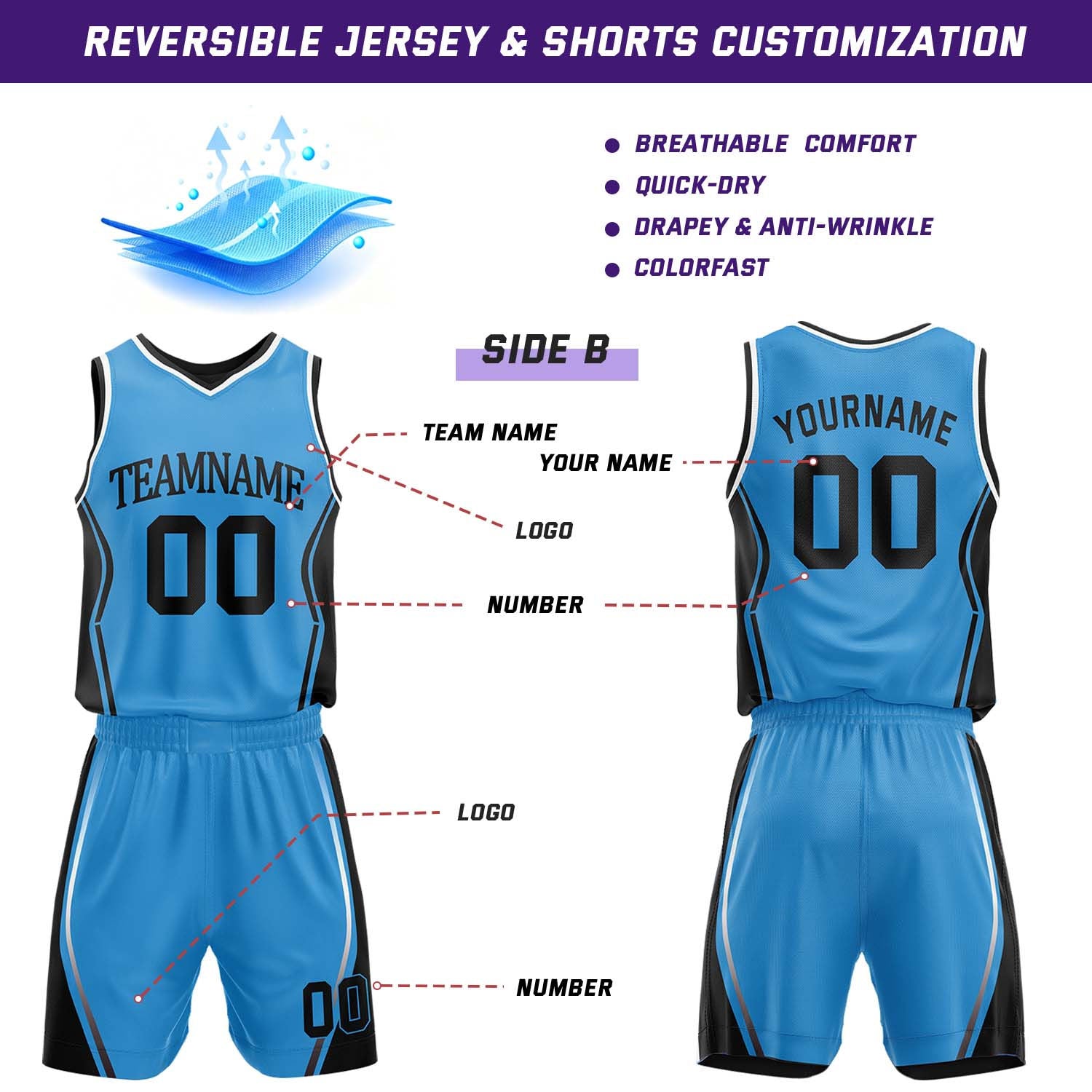 Custom Black & Sky Blue Reversible Geometric Basketball Jersey Shorts Set | Personalized Team Uniform