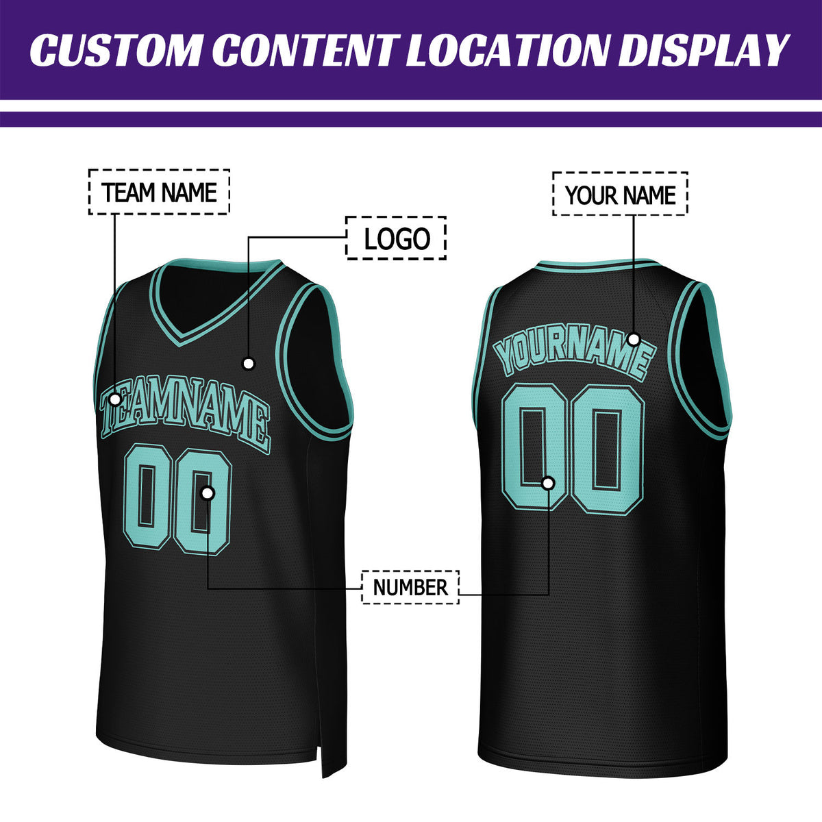 Custom Black & Teal Basketball Jersey | Personalized Name & Number Team Uniform