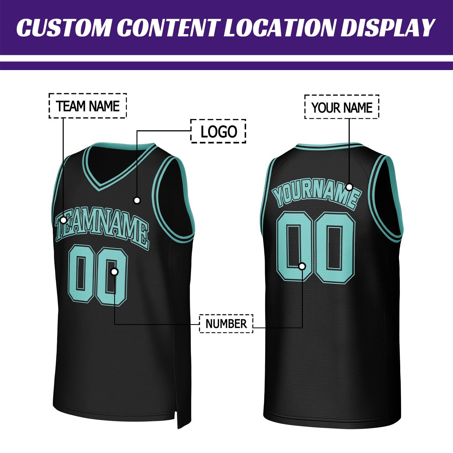 Custom Black & Teal Basketball Jersey | Personalized Name & Number Team Uniform