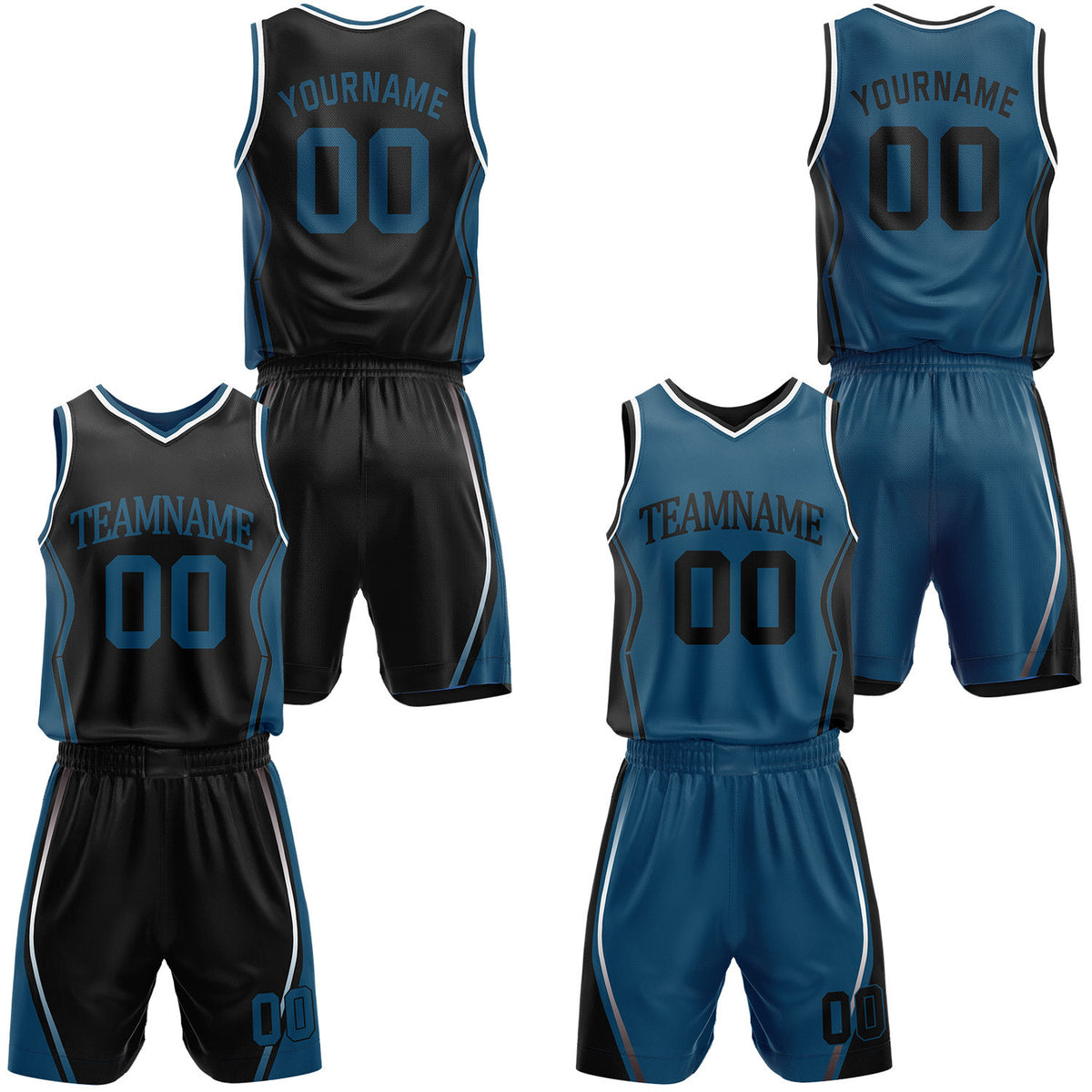 Custom black &amp; teal reversible basketball jersey shorts set by Vosoli | Personalized block team name number geometric uniform sportswear