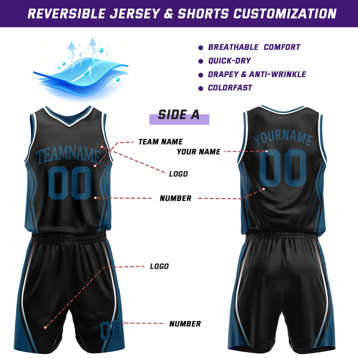 Custom Black & Teal Reversible Geometric Basketball Jersey Shorts Set | Personalized Team Uniform