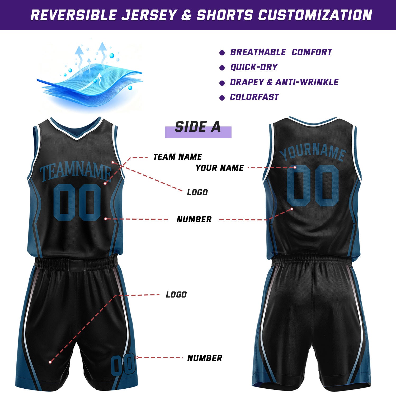 Custom Black & Teal Reversible Geometric Basketball Jersey Shorts Set | Personalized Team Uniform