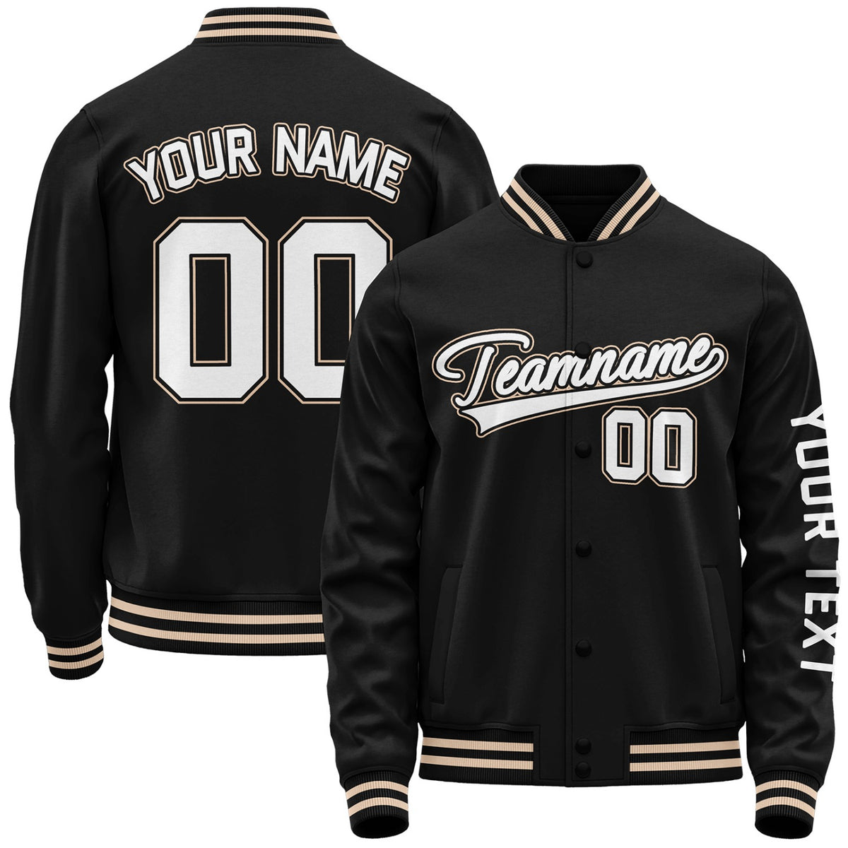 custom team baseball jackets by Vosoli, personalized stitched name, number &amp; logo, classic button up varsity letterman jacket for baseball team and casual wear