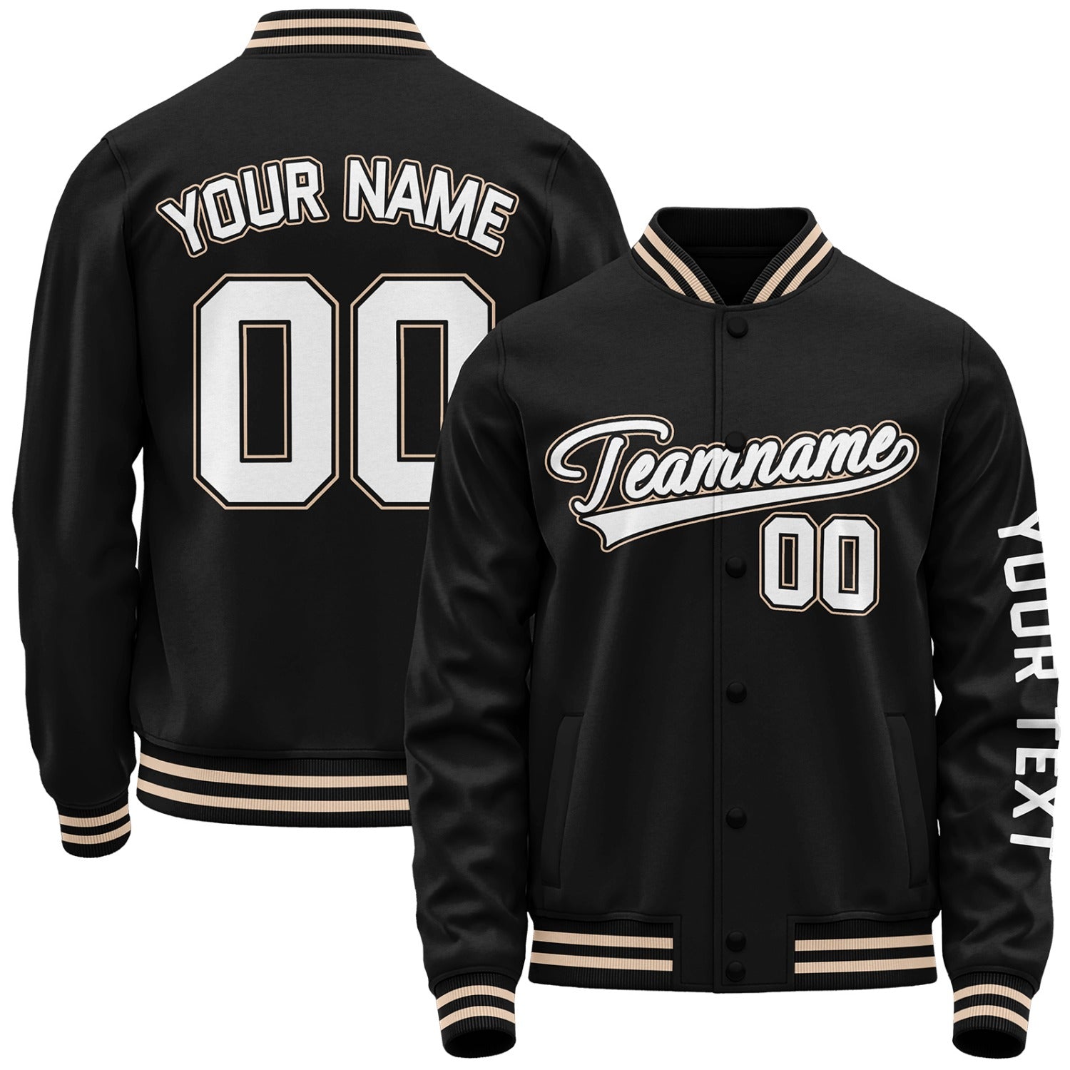 custom team baseball jackets by Vosoli, personalized stitched name, number & logo, classic button up varsity letterman jacket for baseball team and casual wear
