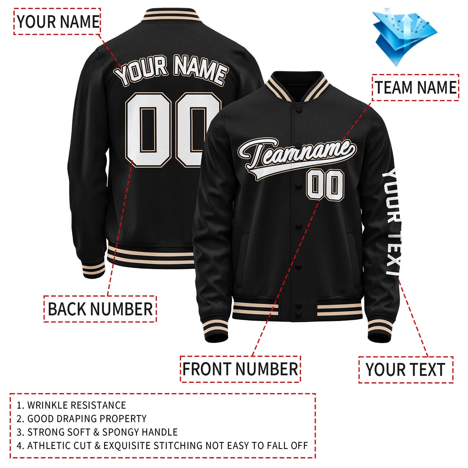 Custom Black Jacket Personalized Team Name Number Letterman Bomber for Adult & Youth