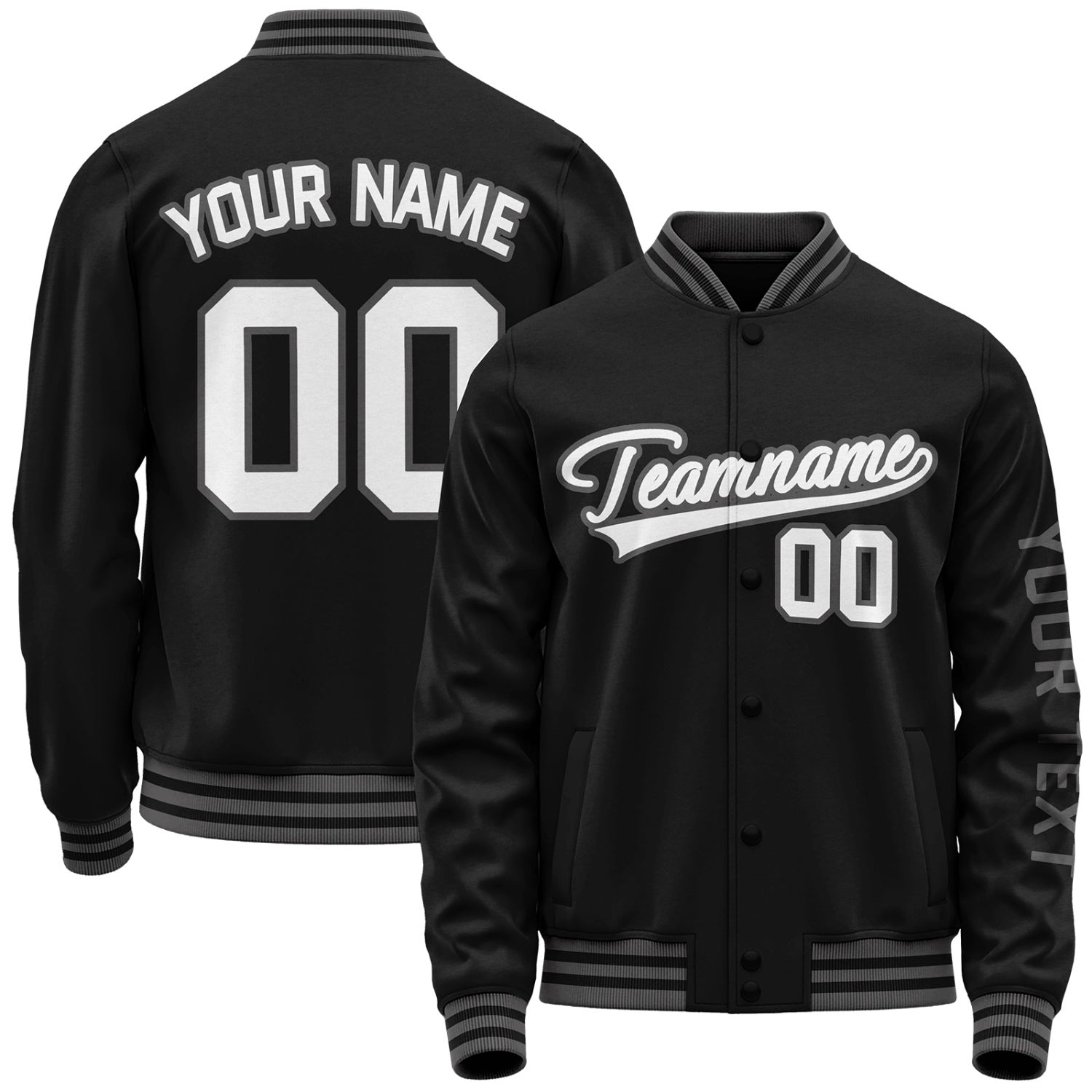 Custom black team jackets by Vosoli with stitched name, number and logo. Classic varsity jacket for baseball and casual wear.