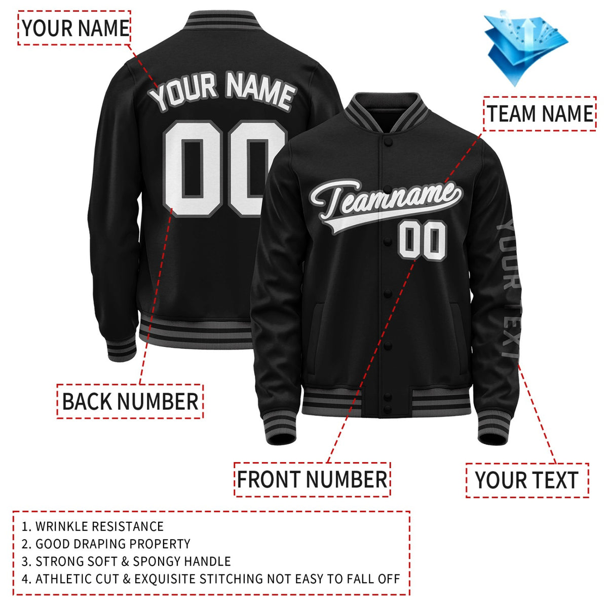 Custom Black Jacket Personalized Team Name Number Letterman Bomber for Adult & Youth