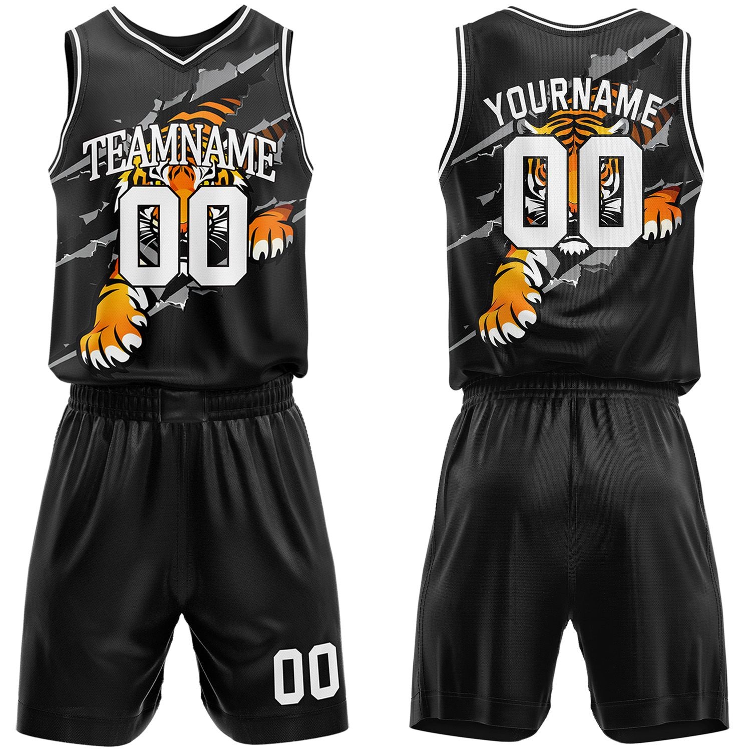 Custom black tiger breakthrough basketball jersey & shorts set by Vosoli | Personalized team name & number sportswear