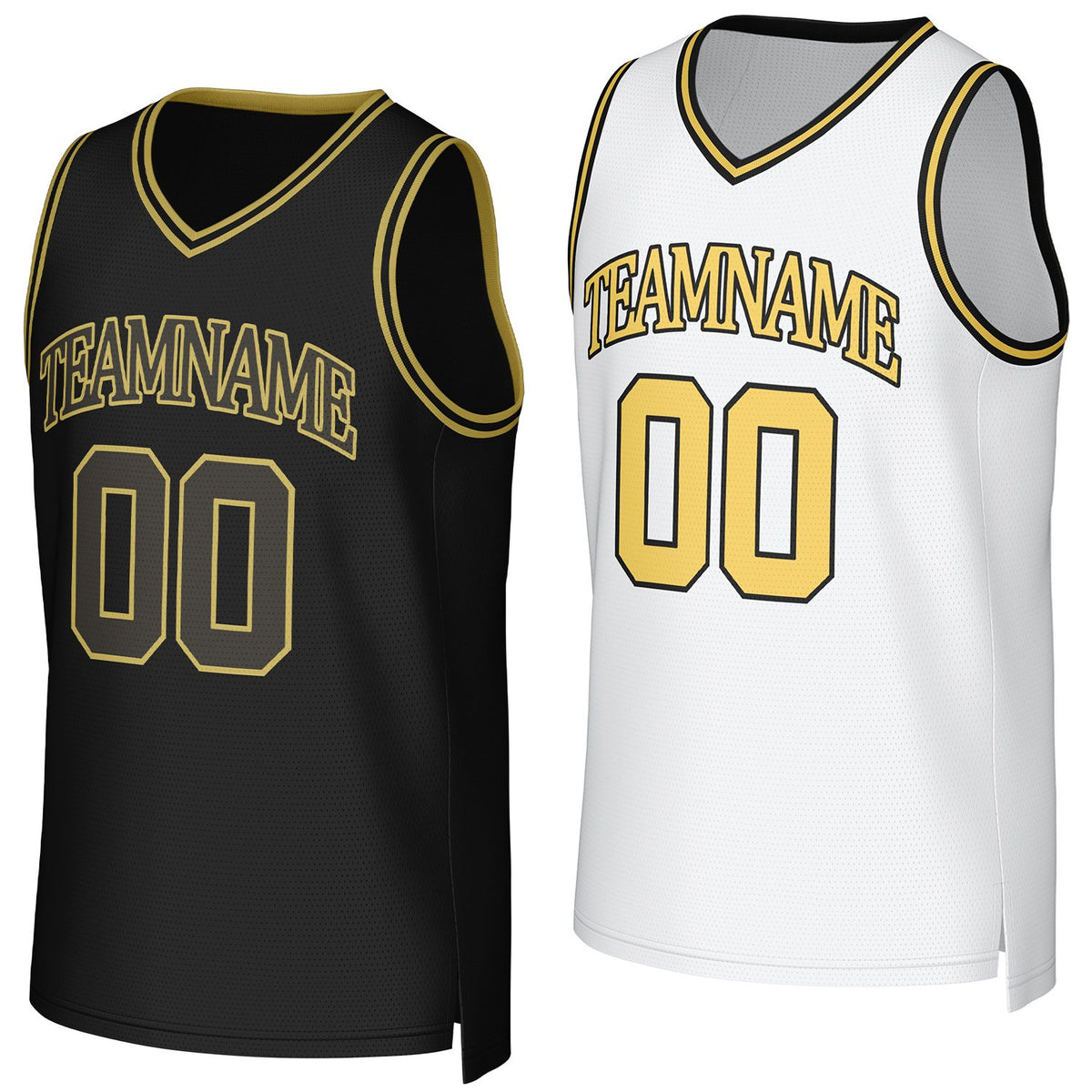 Custom black &amp; white (gold accent) reversible basketball jersey by Vosoli | Personalized team name &amp; number sportswear