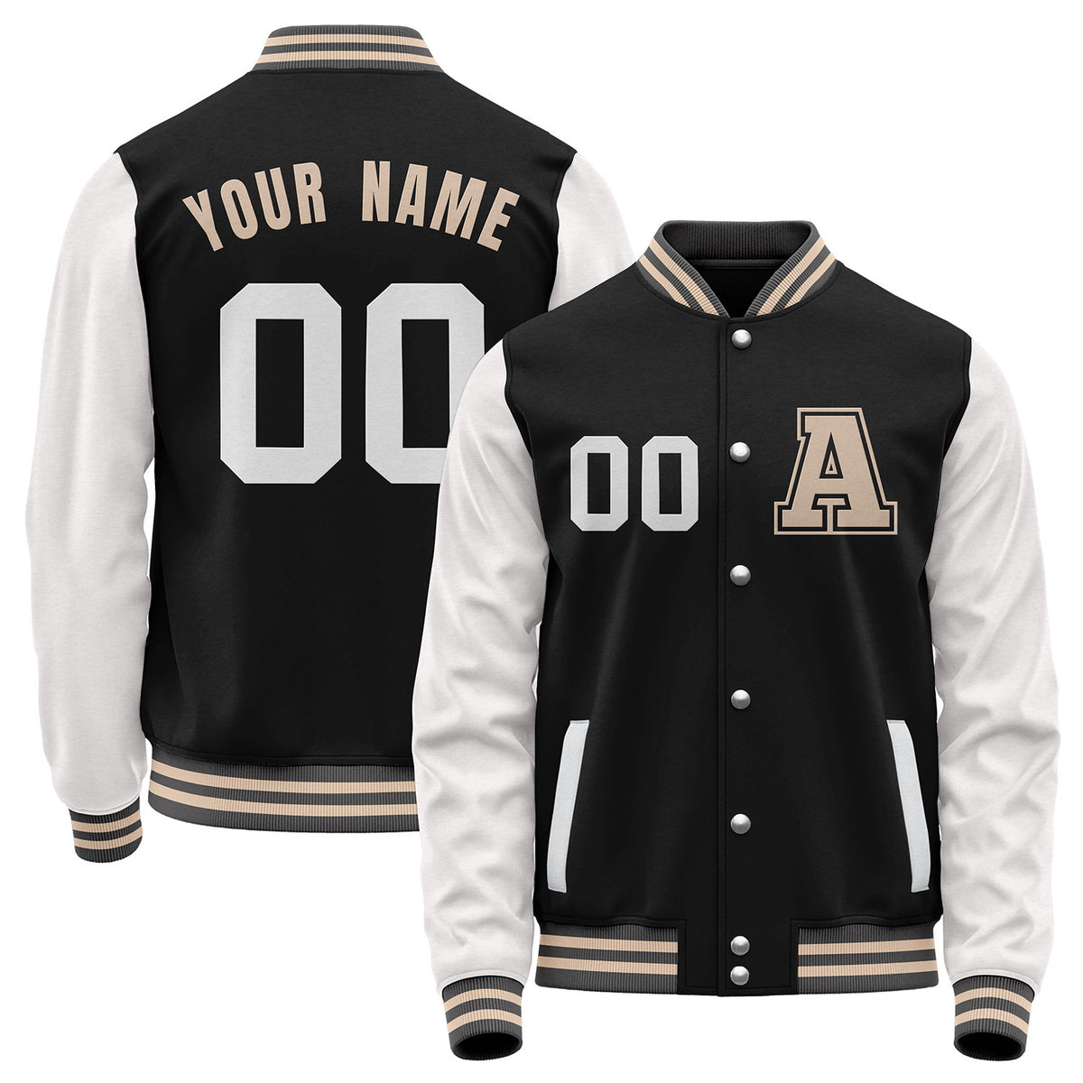 Custom black and white baseball team jacket order by Vosoli with stitched name, number and logo. Classic varsity jacket for baseball and casual wear.